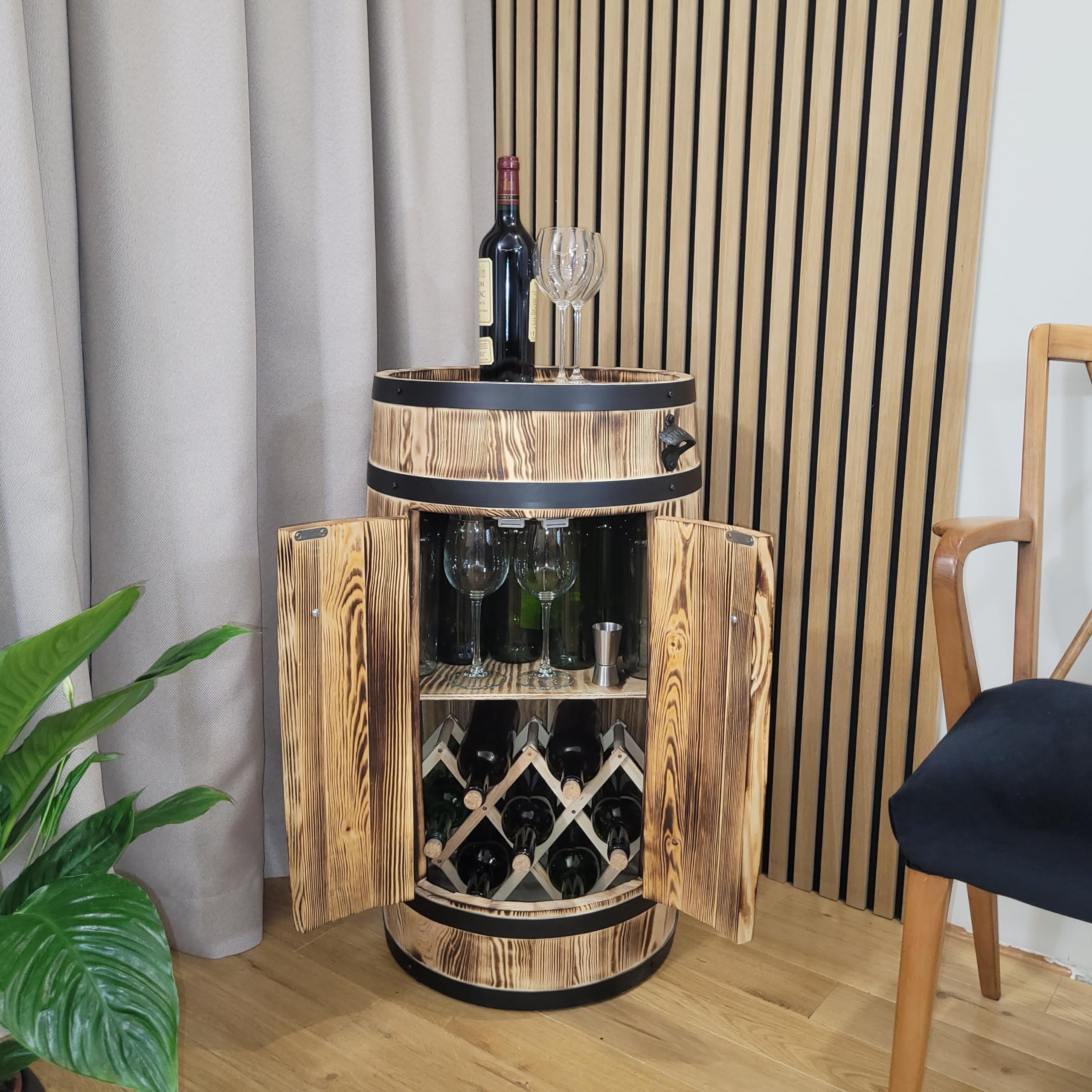 weeco Fassbar für Alkohol mit Doppeltüren – rustikaler Holz-Barschrank mit Regal und Flaschenhalter, geflammter Barschrank 80 cm, braun