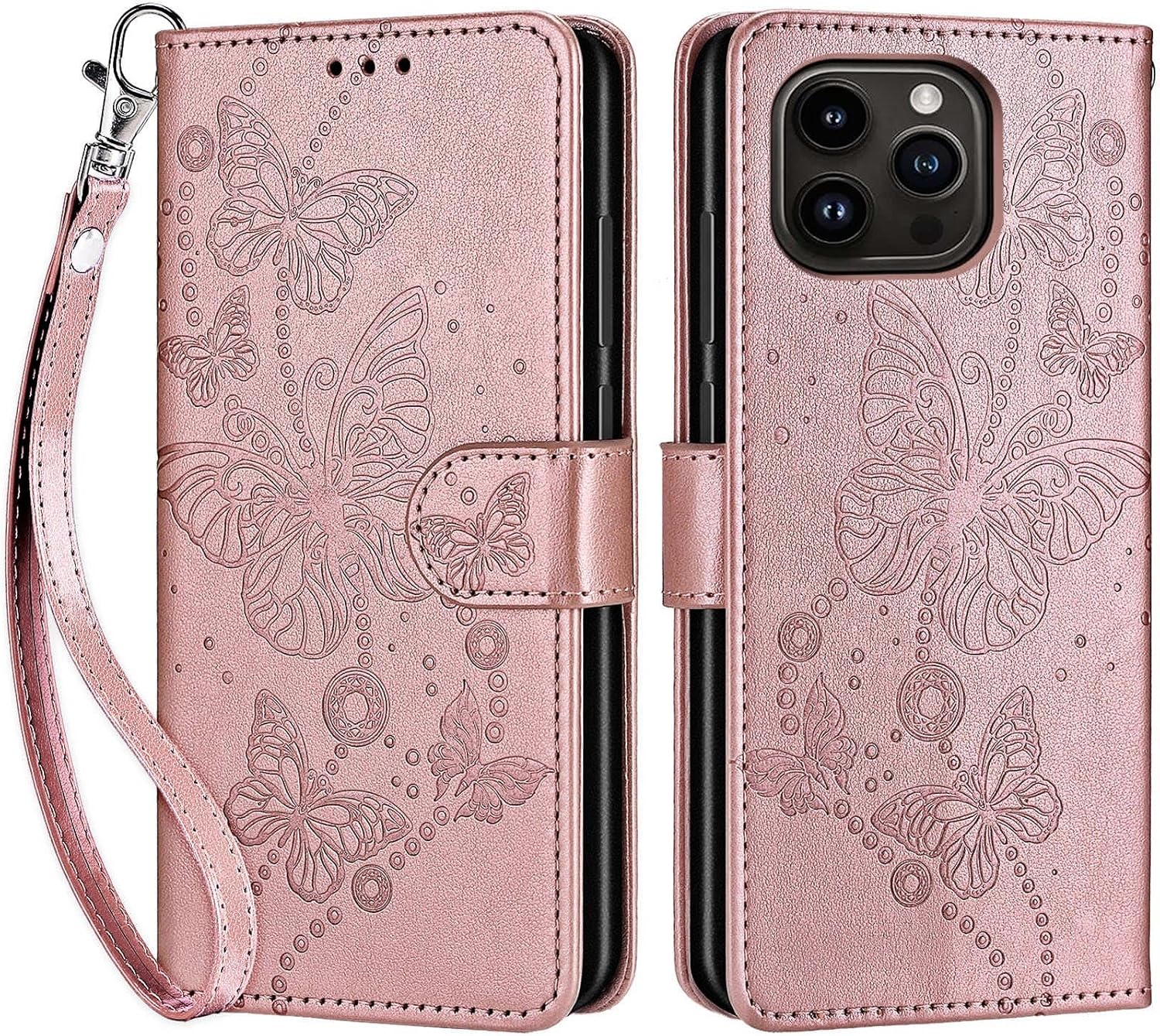 for iPhone 15 Pro Wallet case, Flip Folio Cover with Stand Feature for Women Men, PU Leather Phone Case Fit for iPhone 15 Pro 6.1'' [Rose Gold-Butterfly] - Image 4