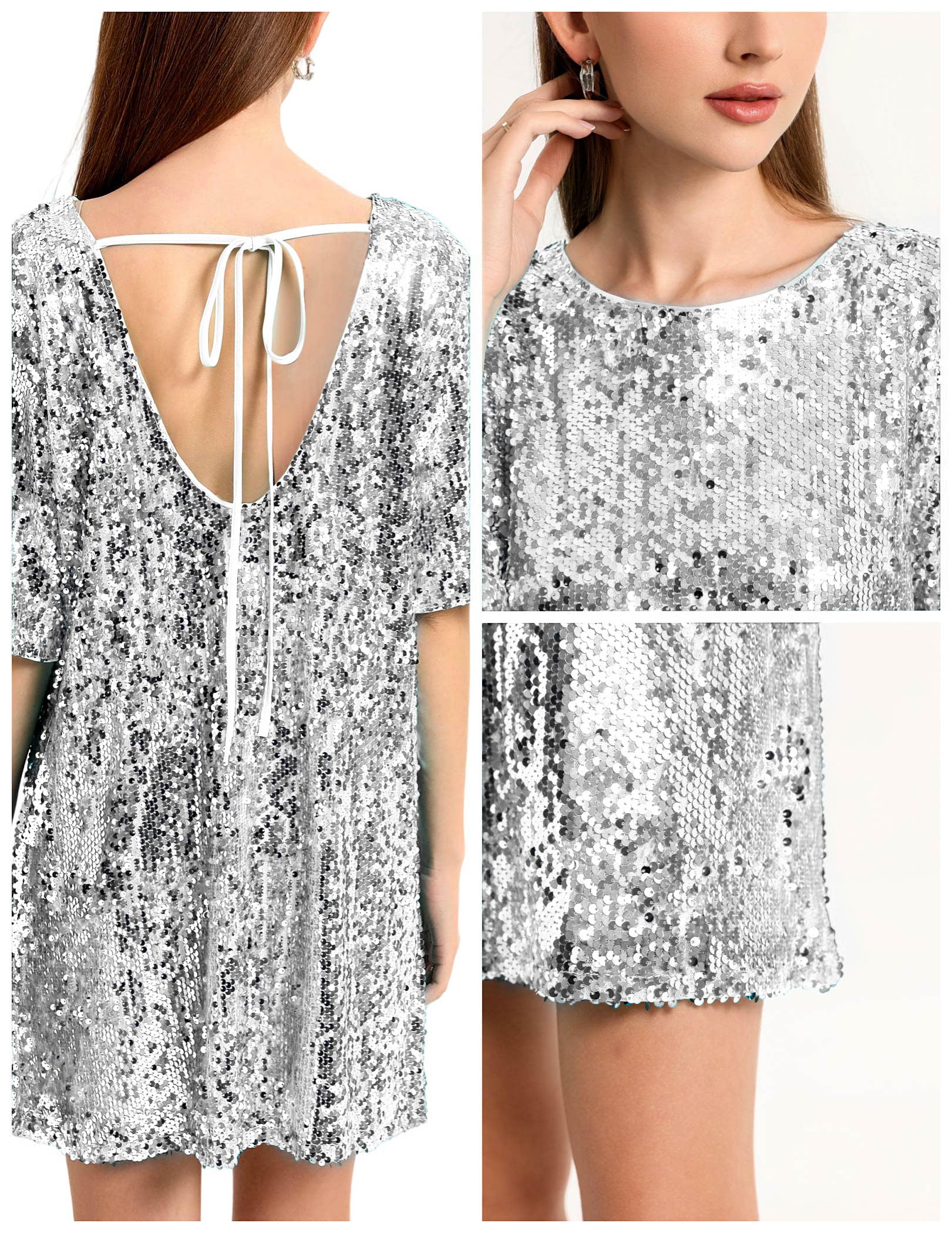 Vestido de lentejuelas con cuello redondo para mujer, sexy, con cuello en V, brillante, media manga, holgado, para fiesta, club, cóctel