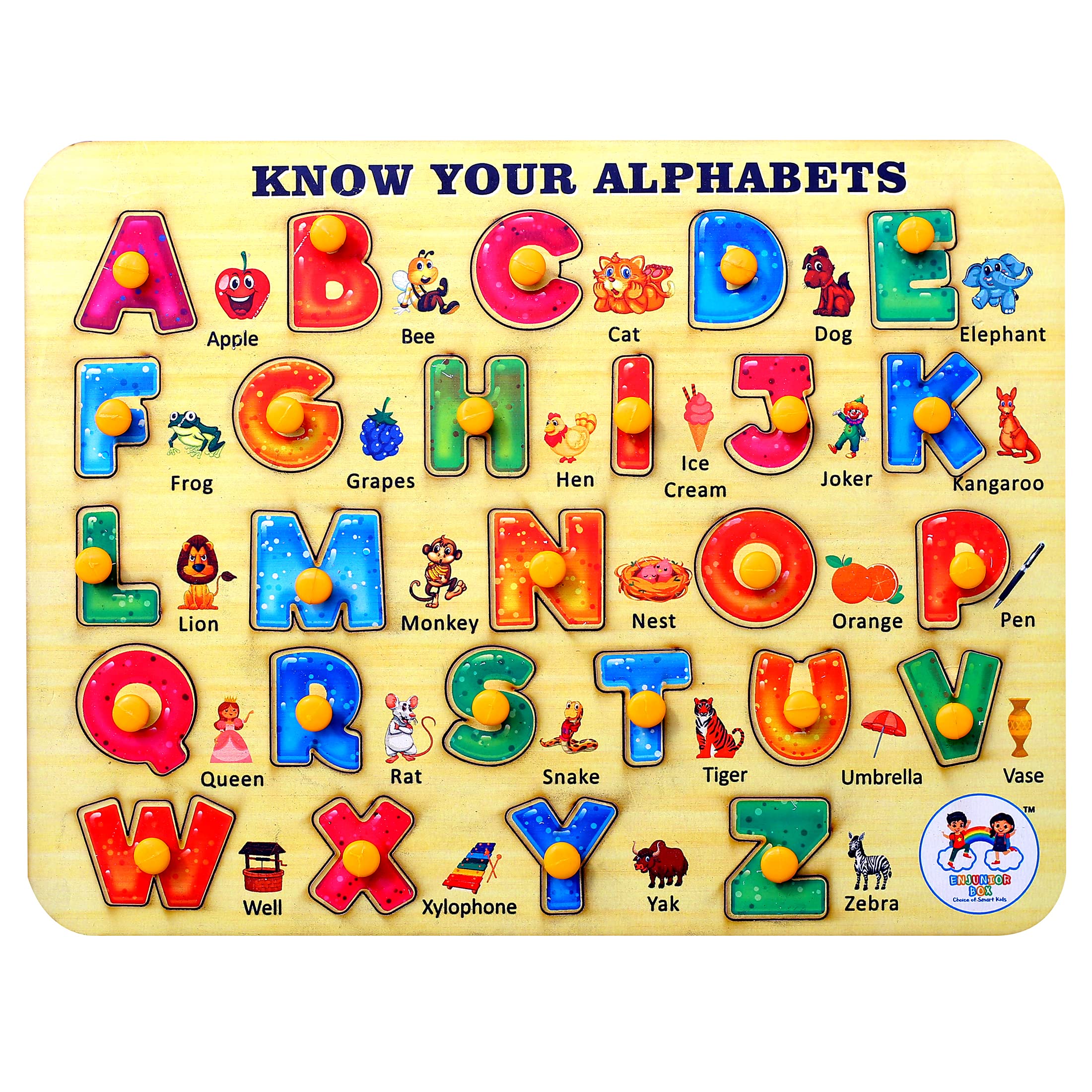 ENJUNIOR BOX - Alphabet Wooden Puzzle with Knobs Educational and Learning Toy for Kids (B09CZ7YRDD) Amazon Price History, Amazon Price Tracker