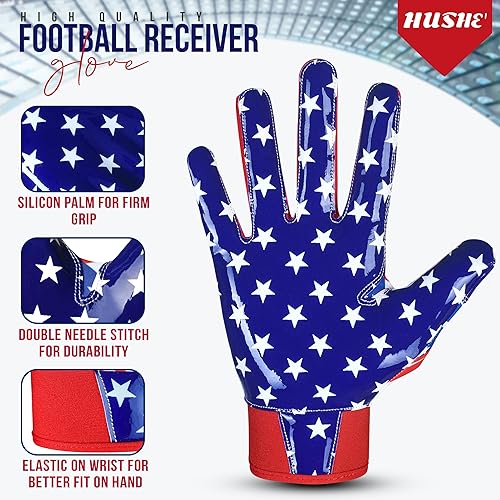 Miniatura 2 de Guantes de fútbol con bandera estadounidense, guantes receptores de fútbol para hombres, guantes de receptor de fútbol con agarre de silicona,