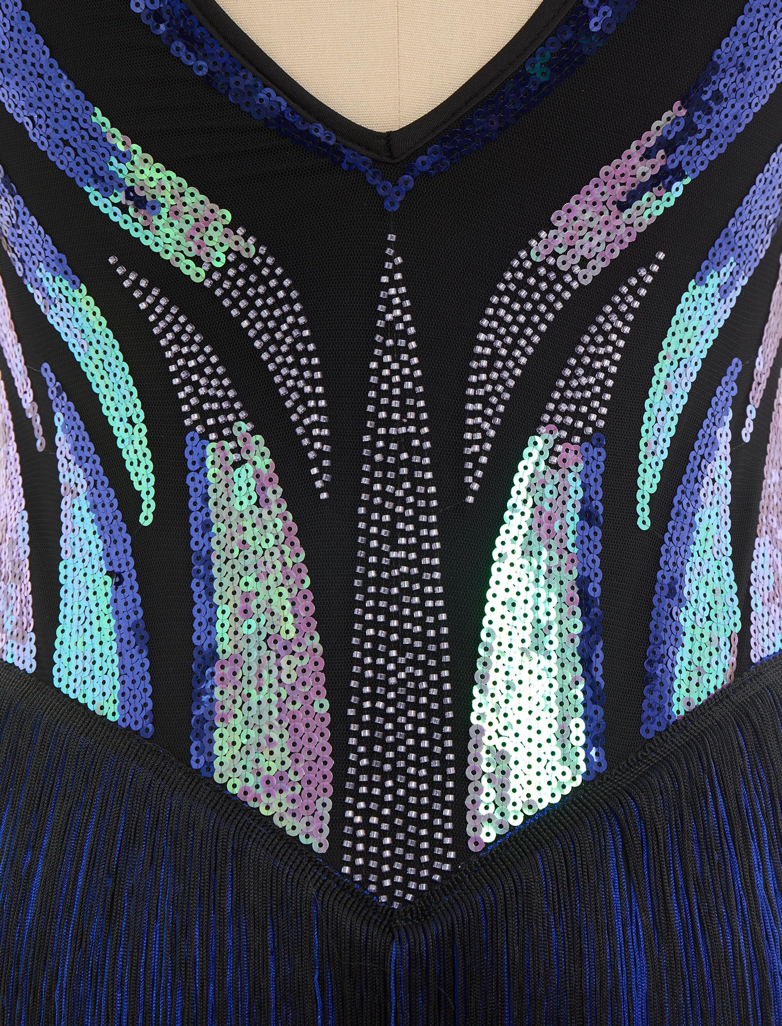 Damen Latein Tanzkleid Pailletten Fransen Salsa Tanzkostüm Jazz Tanz Body für Bühne Karneval Tanzshow