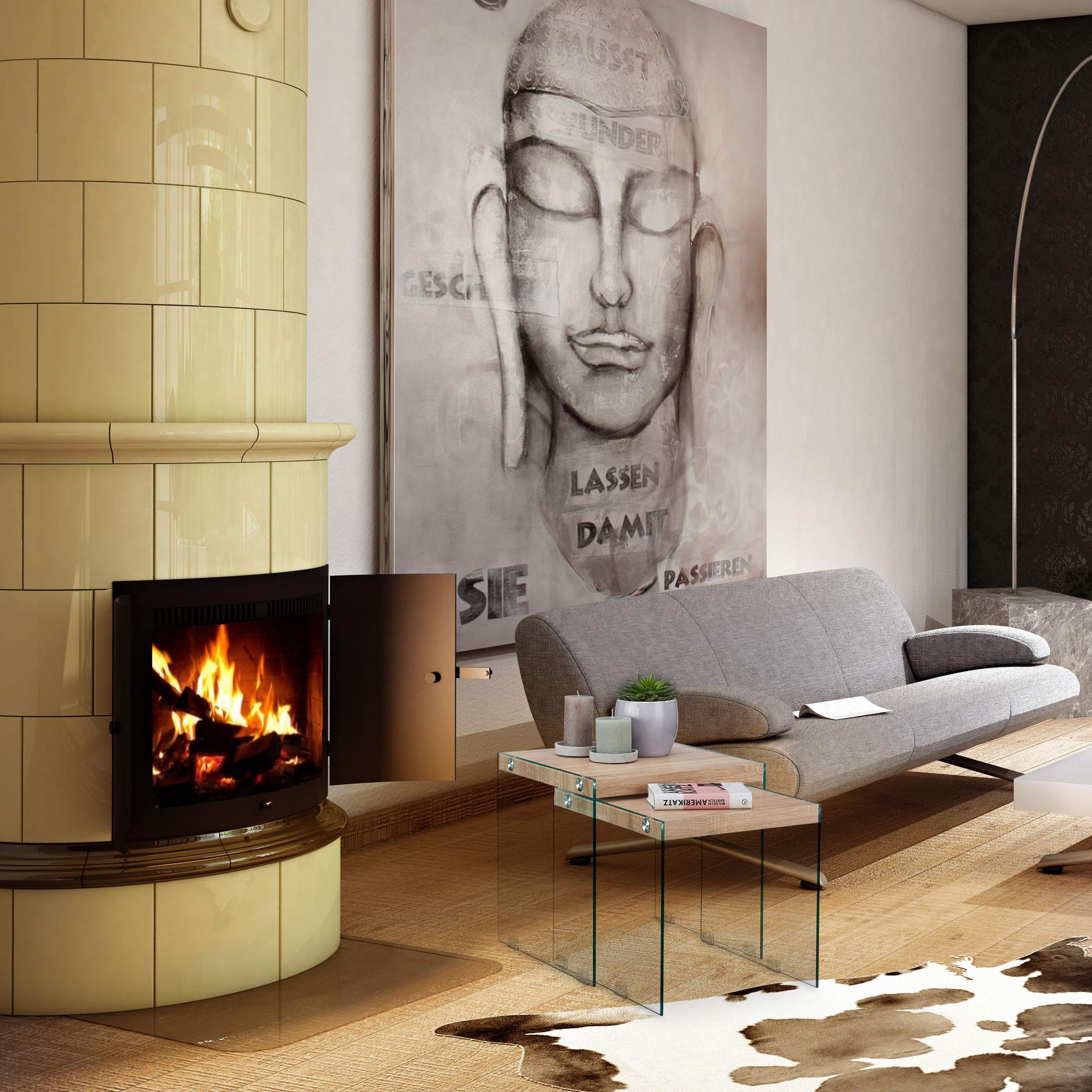 Relaxdays Set 2 Tavolini Sovrapponibili in Vetro, Ripiano in Legno, Tavoli da Divano per Soggiorno, H 40-45 cm, Naturale