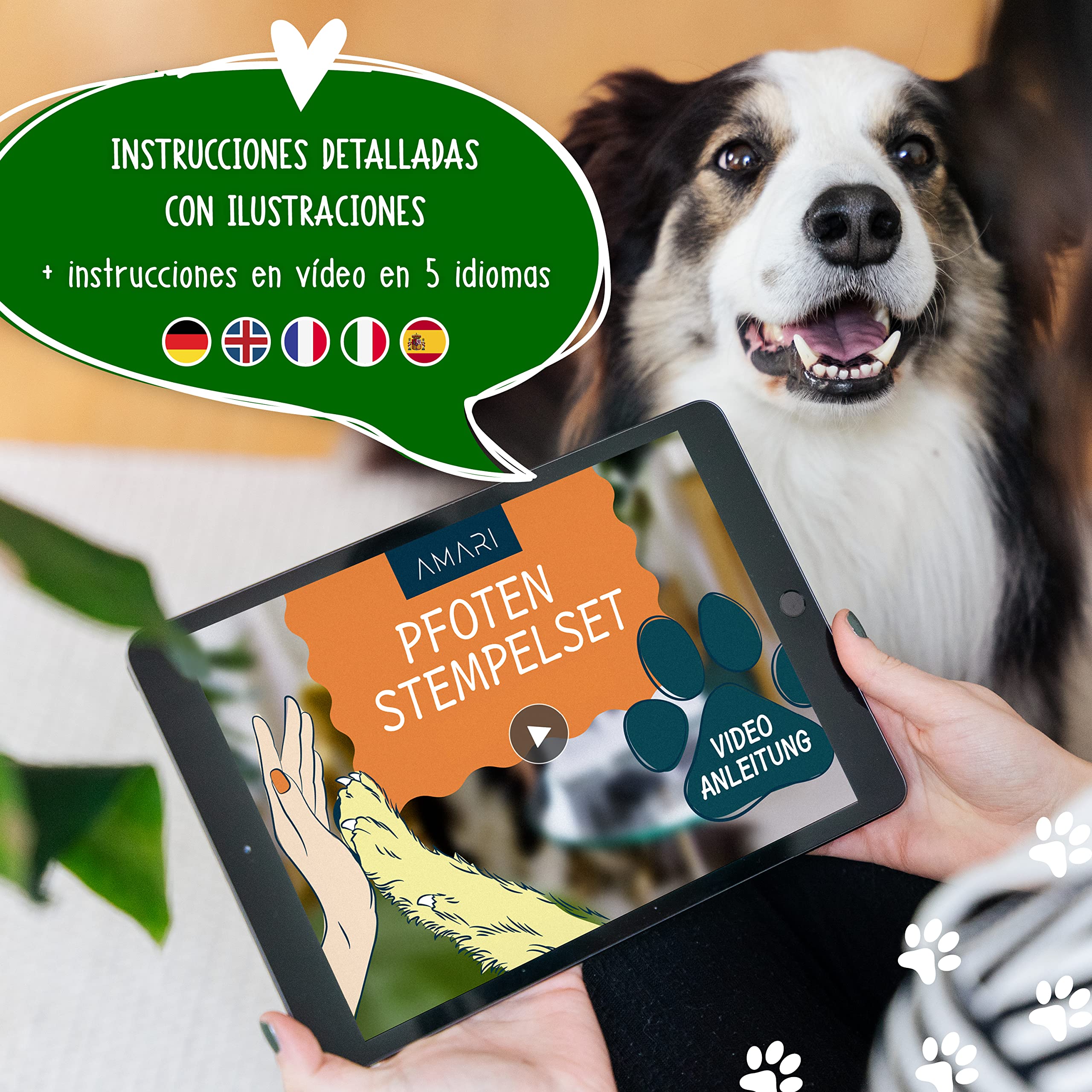 AMARI ® Kit de estampado de mascotas con 2 tampones y 4 tarjetas de estampado - huella perro - paw print stamp pad - kit impresión huella perro - sello huellas de perro con tinta