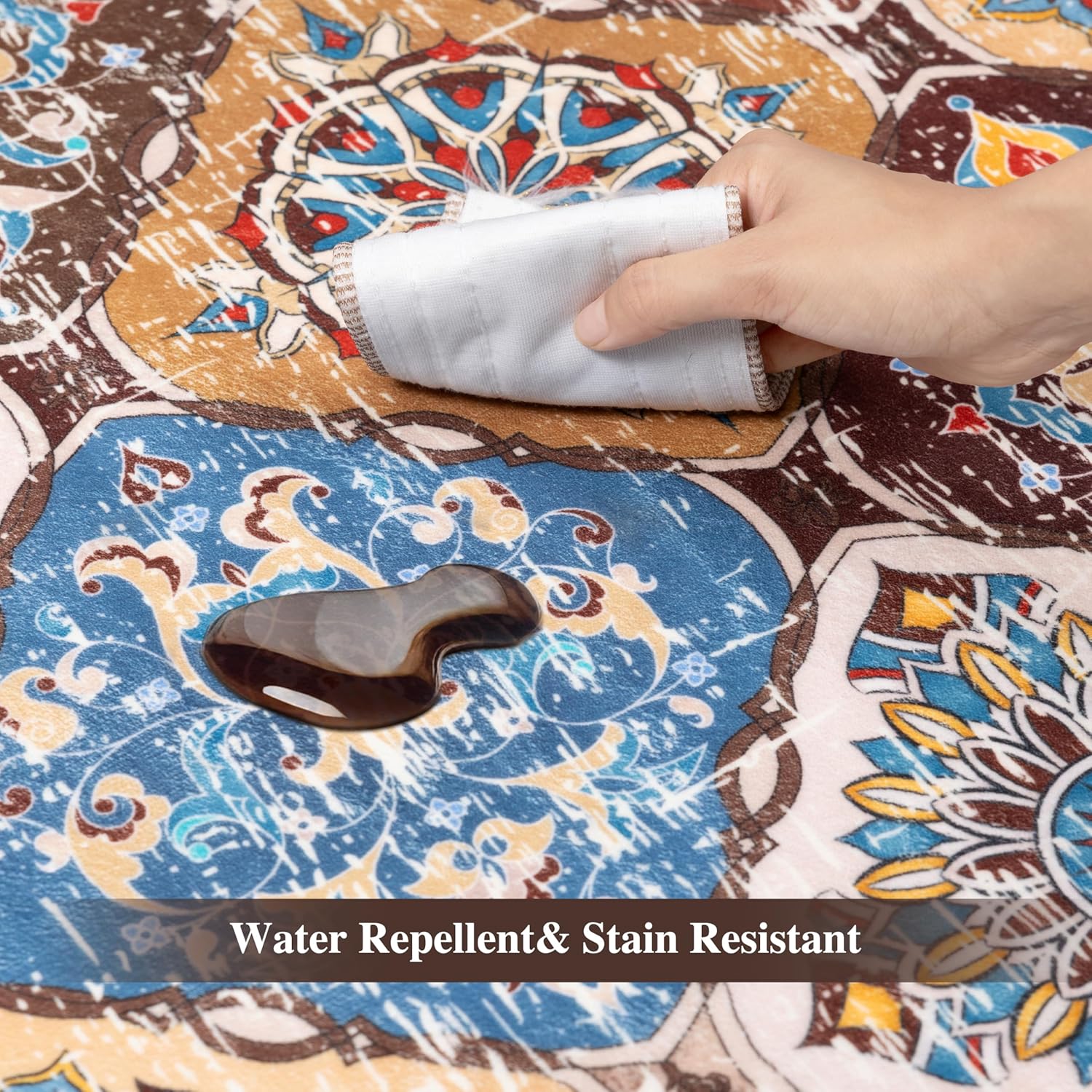 3x5 Moroccan Area Rug, Unique Scalloped Ultra-Thin Soft Washable Rug, Non-Slip Stain Resistant Lightweight Low-Pile Carpet for Living Room Bedroom Dining Room Office (Caramel)