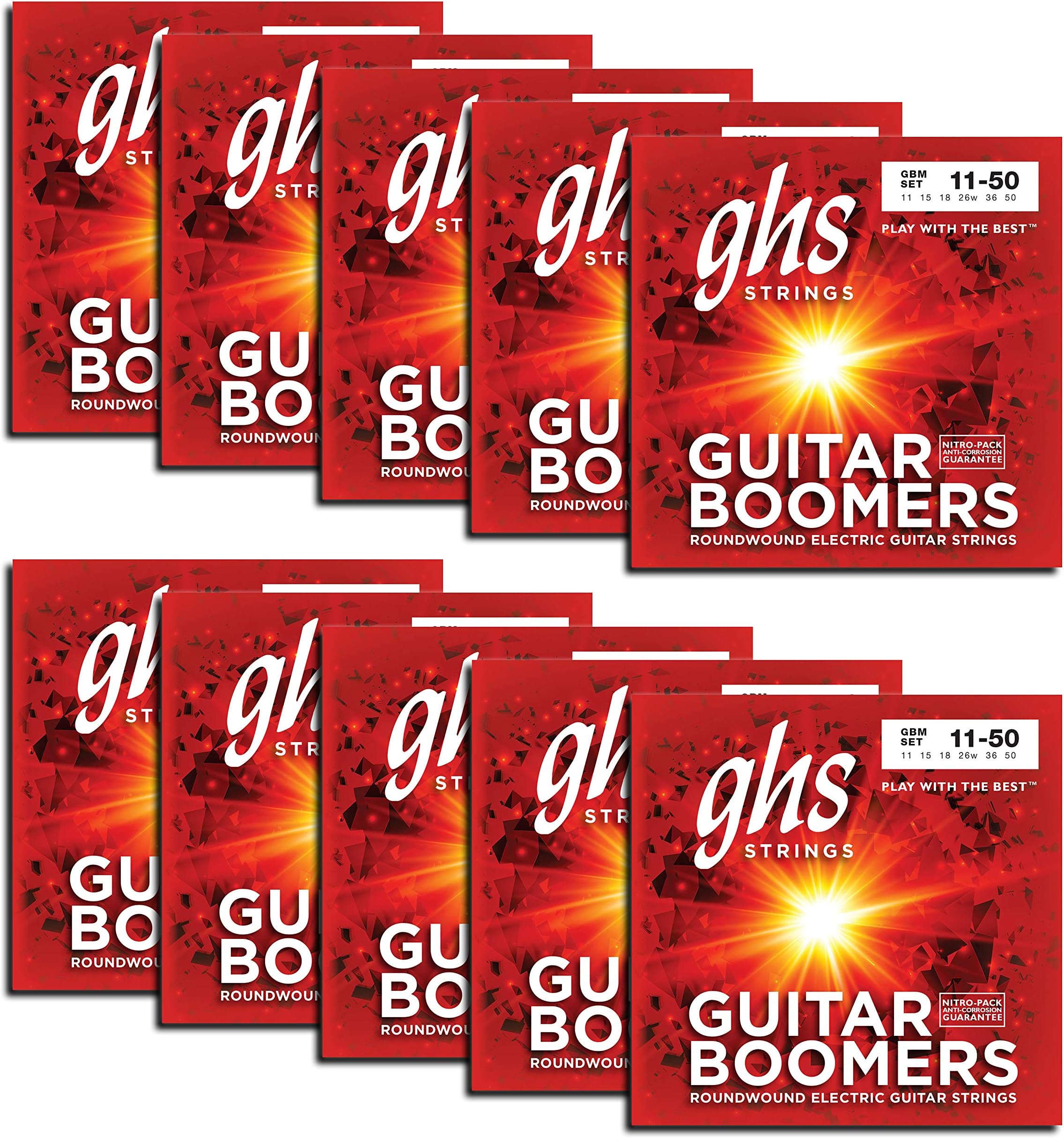 GHS StringsGuitar Boomers Nickel Plated Electric Guitar Strings - Medium Gauge - GBM-10 SET - 10 SETS (.011-.050)