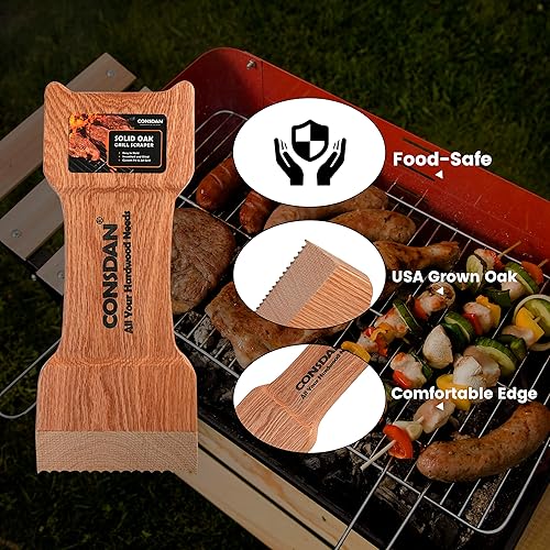 Miniatura 19 de CONSDAN Raspador de parrilla de madera, cepillo de madera de roble soild, raspador de parrilla para parrilla al aire libre, raspador de parrilla sin