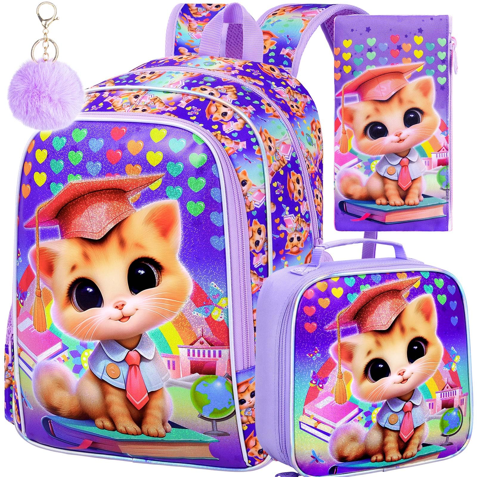 AGSDON 3PCS Cat Backpacks for Girls, 16