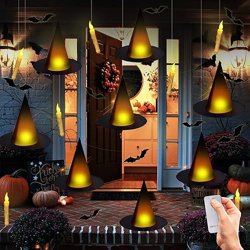 Miniatura 6 de Sombrero de bruja negro de Halloween con luz flotante iluminada con velas cónicas sin llama (con control remoto común) Murciélagos 3D calcomanías de