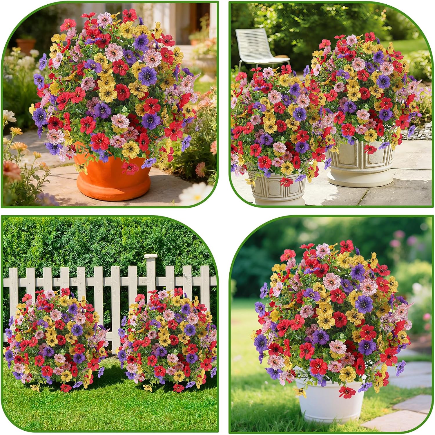 Alupssuc 2Pcs 20" Artificial Topiary Ball Flowers, Spring Outdoor Decoration with Spike, UV Resistant Faux Summer Plants, Faux Bushes Plants, Red Deep Purple Yellow Pink for Garden, Porch Decor