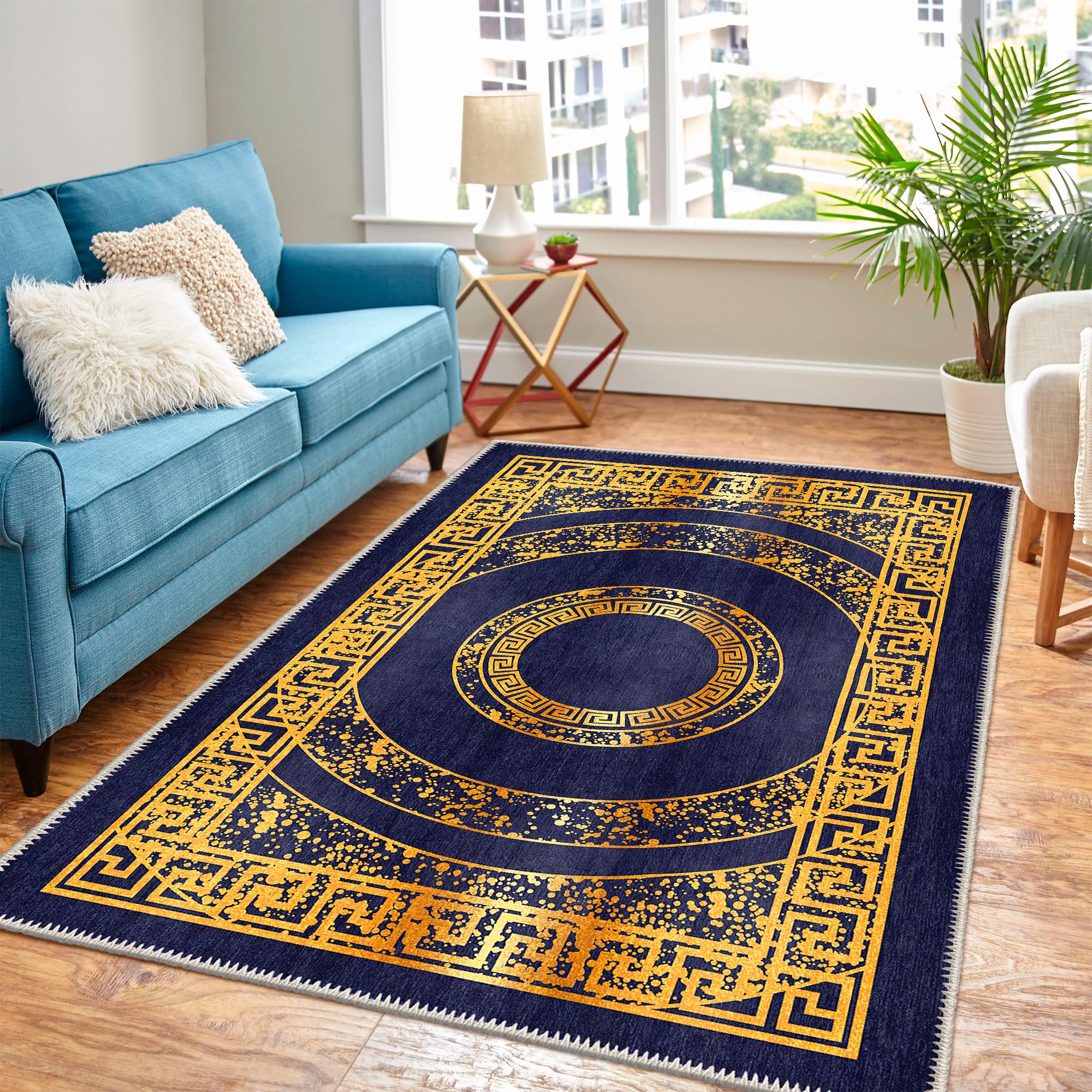 Washable Area Rugs, Runner Rug with Non Slip Backing, Stain Resistant, Foldable, Boho Machine Washable Carpet Mat for Kitchen, Bathroom, Bedroom or Living Room 6 | 0239 - Navy blue - 4' x 6'