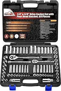 69 Pieces - EPAuto 1/4” & 3/8” Drive Socket Set with Pear Head Ratchet, Chrome (92-824)