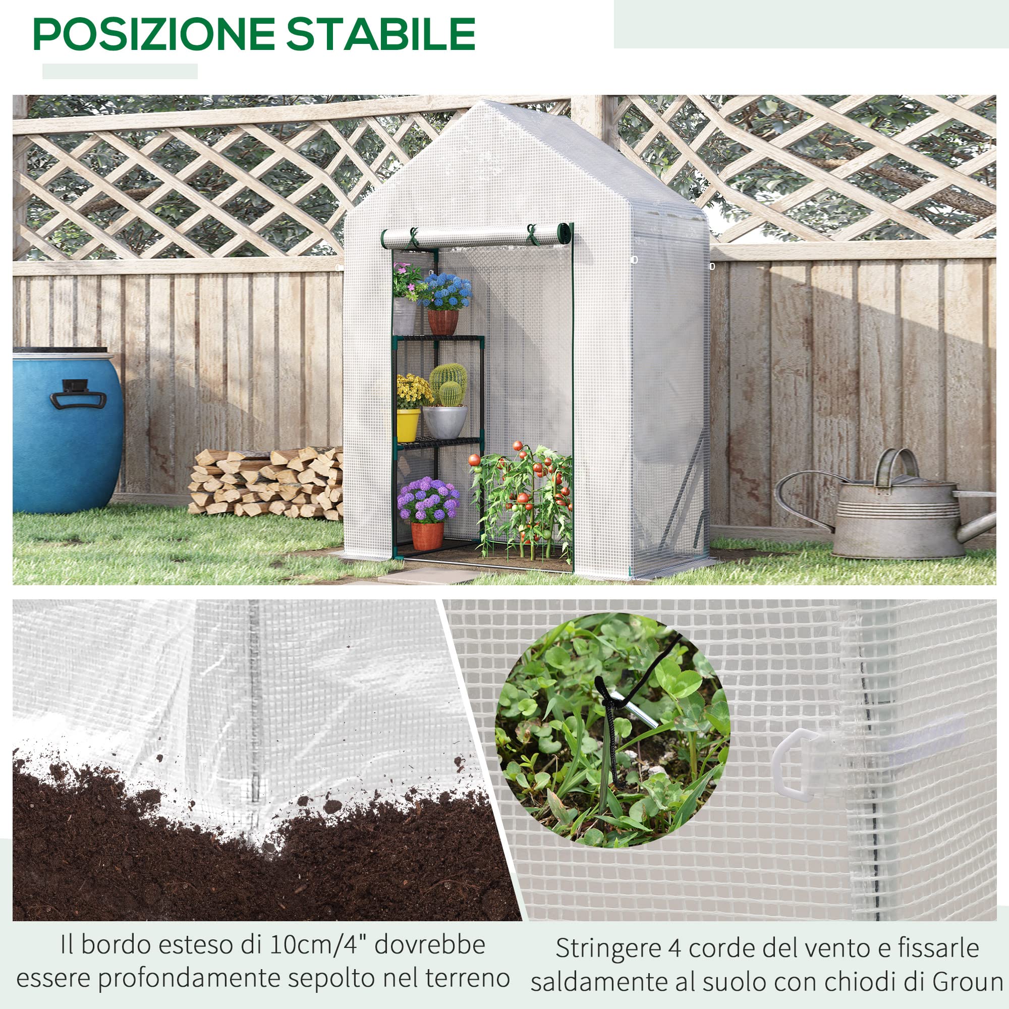 Outsunny Serra da Giardino in Acciaio e Copertura PE, Serra per Piante con 2 Scaffali e Porta Avvolgibile, 143x73x195cm, Bianco