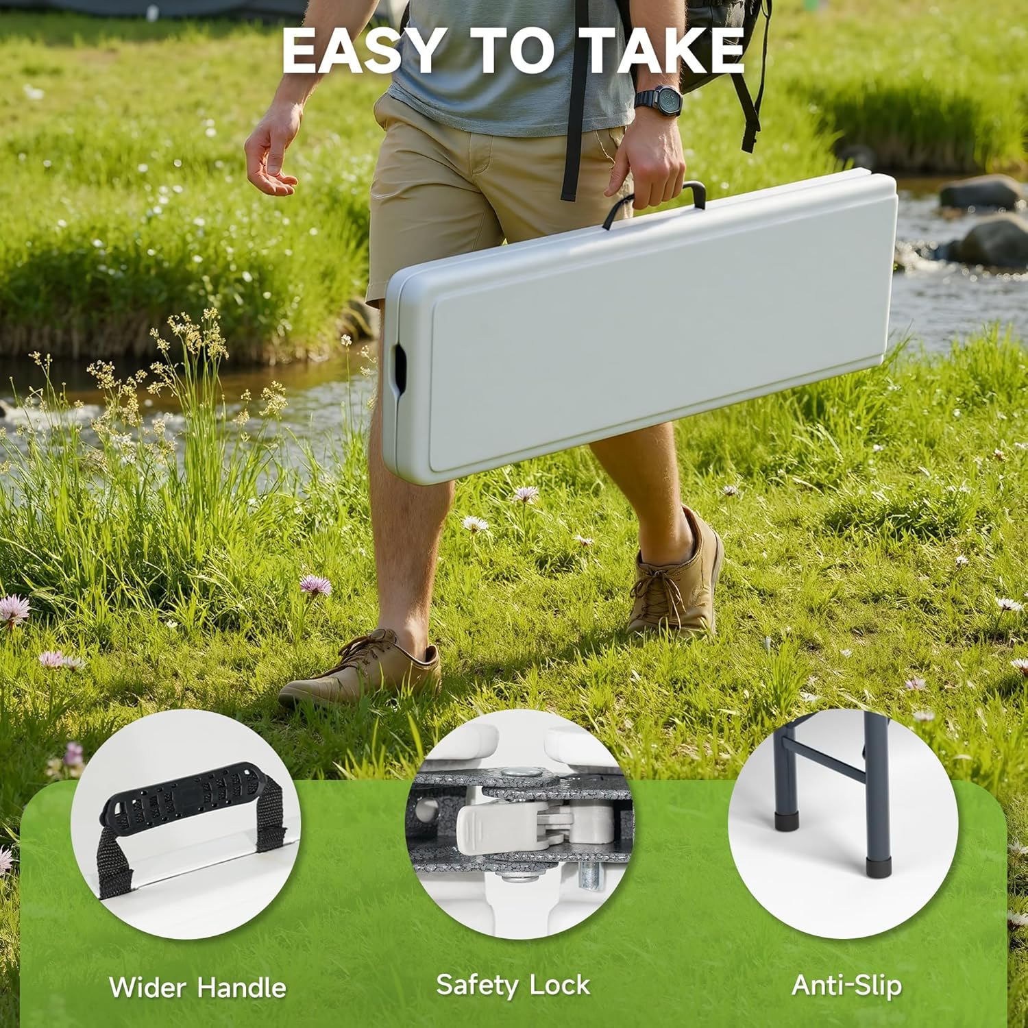 6FT Folding Bench - Heavy Duty 770lbs Capacity, Safety Locking Button & Wider Carrying Handle, Foldable Portable Bench for Outdoor, Picnic, Storage, Camping - White, 2 Pack