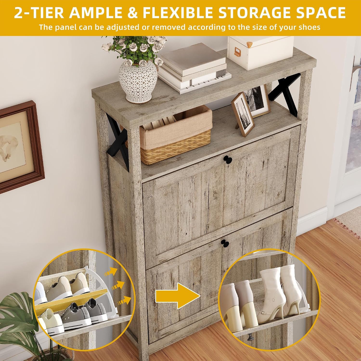 DWVO Shoe Cabinet Entryway, Slim Shoe Storage Cabinet with 2 Flip Drawers, Free Standing Hidden Narrow Shoe Rack Shoe Storage Organizer for Entryway/Hallway/Closet, Old Oak