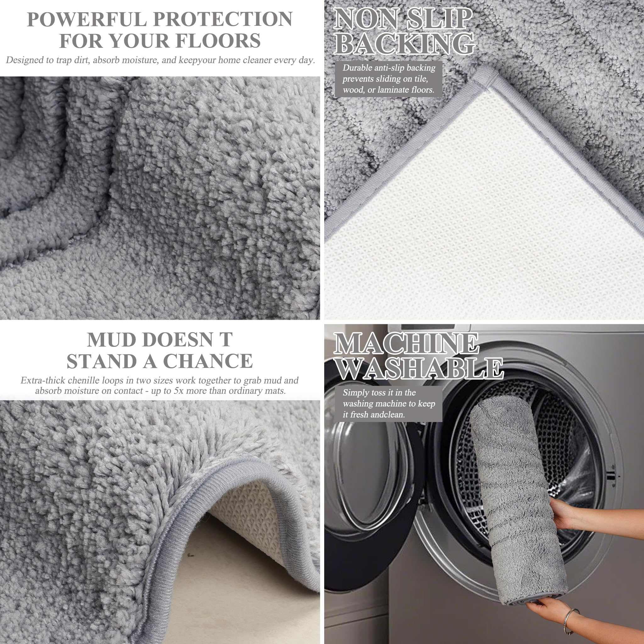 3-teiliges Badezimmerteppich Set wasserabsorbierend Grau | Mikrofaser Badematte rutschfest waschbar Weiche Badteppiche Badvorleger Set U-Form Toilettenmatte für Dusche & WC Badewanne