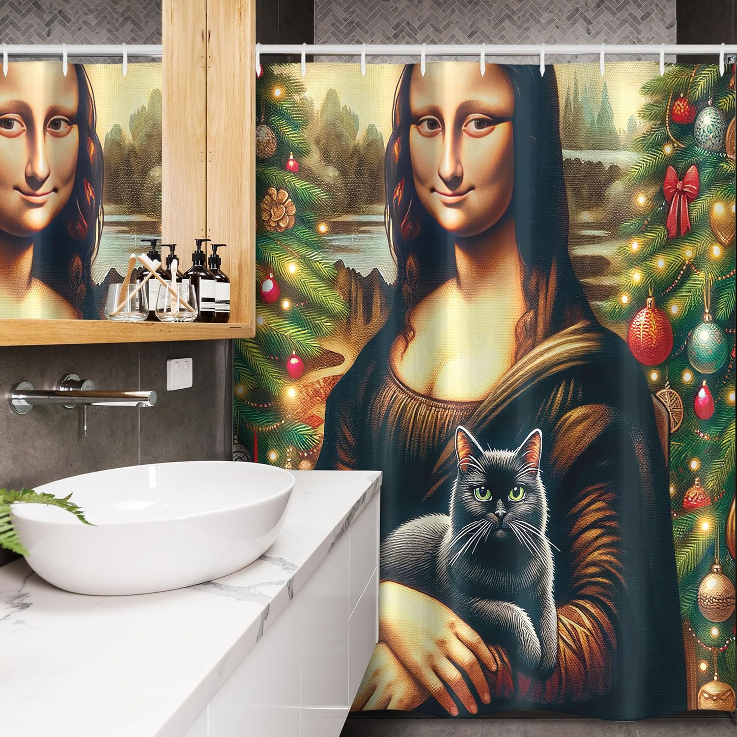 Ambesonne Christmas Stall Shower Curtain, Smiling Mona Lady Interpretation with Black Cat and Xmas Tree Print, Fabric Bathroom Decor Set with Hooks, 54" W x 78" L, Apricot Amber and Green