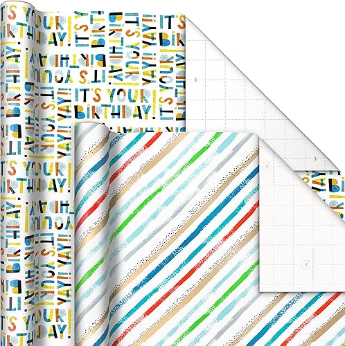 Miniatura 4 de Hallmark Paquete de papel de regalo colorido con líneas de corte en el reverso (6 rollos 115 pies cuadrados en total) rojo, azul, amarillo, verde,