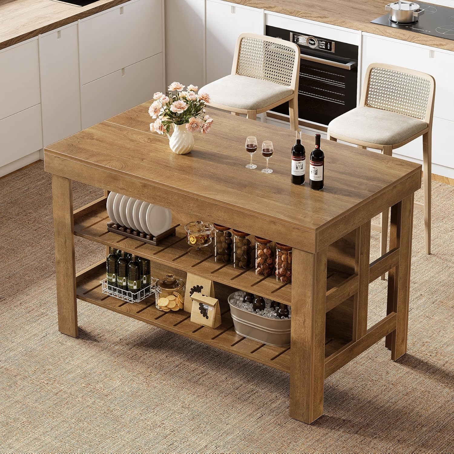 Tribesigns Kitchen Island with Seating and Storage Shelves, 55.1-Inch Breakfast Counter Farmhouse Island Table for Kitchen Dining Room (All Brown)