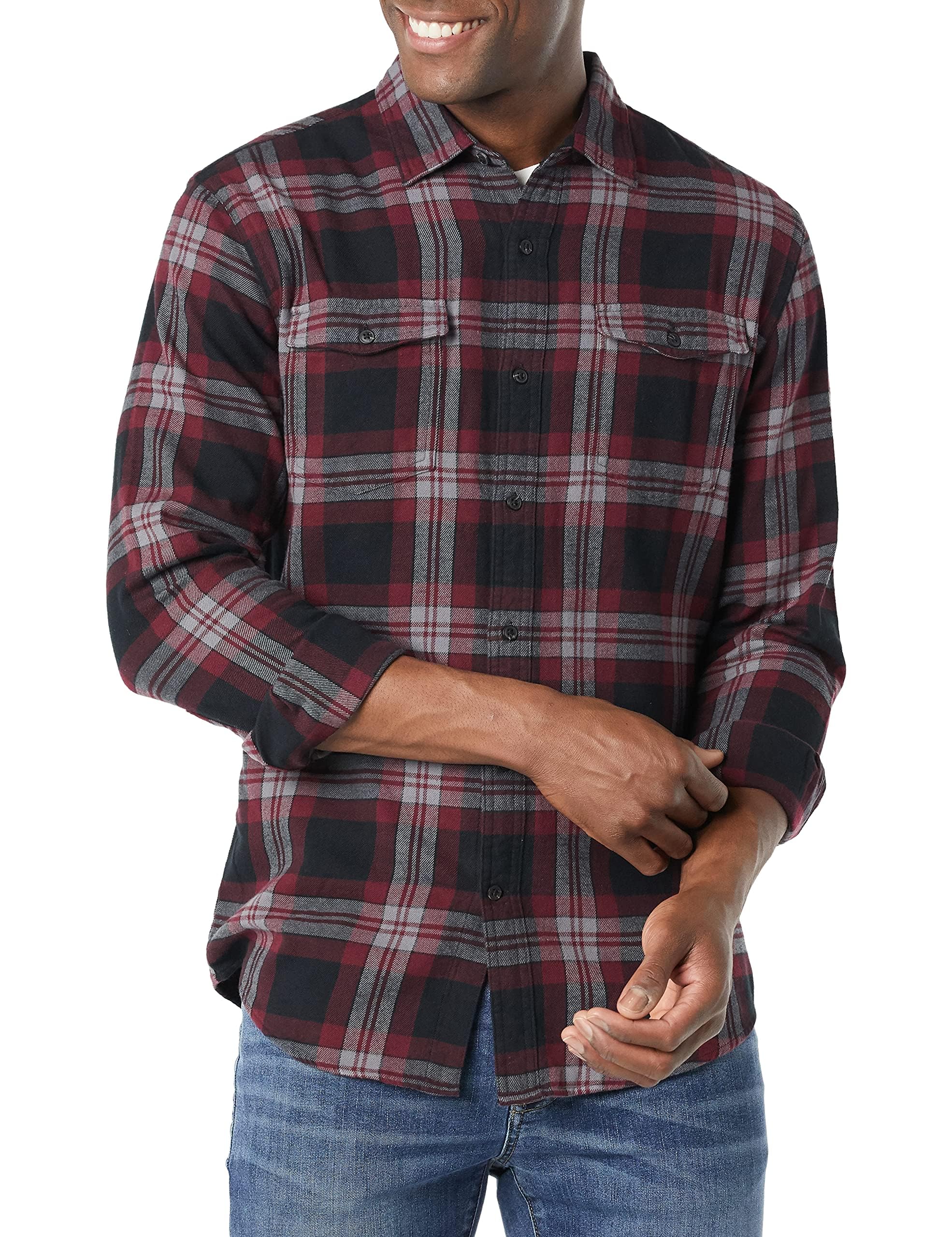 Amazon Essentials Men's Flannel Shirts, Long-Sleeve, Slim-Fit, Two-Pocket, Plaid