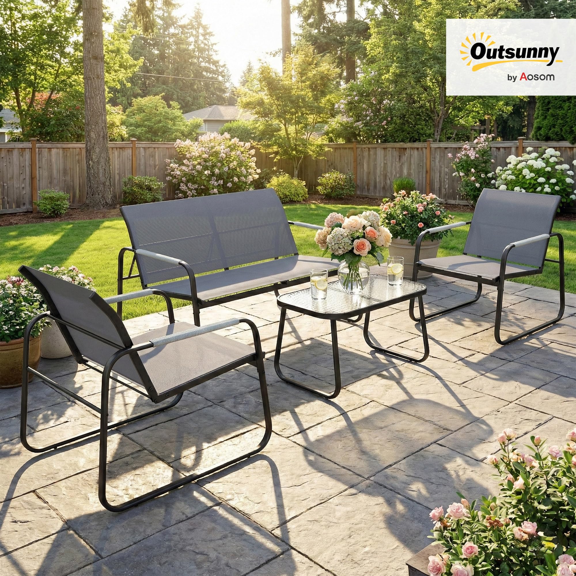 Outsunny Conjunto de Jardín Exterior de 4 Piezas, Muebles Jardín Exterior con 1 Sofá de 2 Plazas, 2 Sillones y Mesa de Vidrio Templado, Estructura de Acero y Textilene Transpirable, Gris