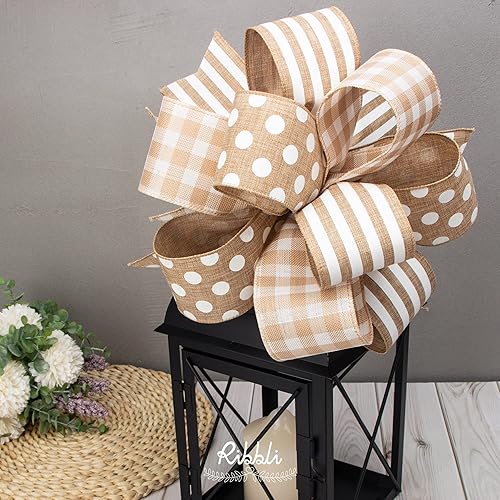 Miniatura 2 de Ribbli Cinta con alambre de lunares beige y blanco, 2-12 pulgadas x 10 yardas, cinta de arpillera de puntos para manualidades, corona, decoración de