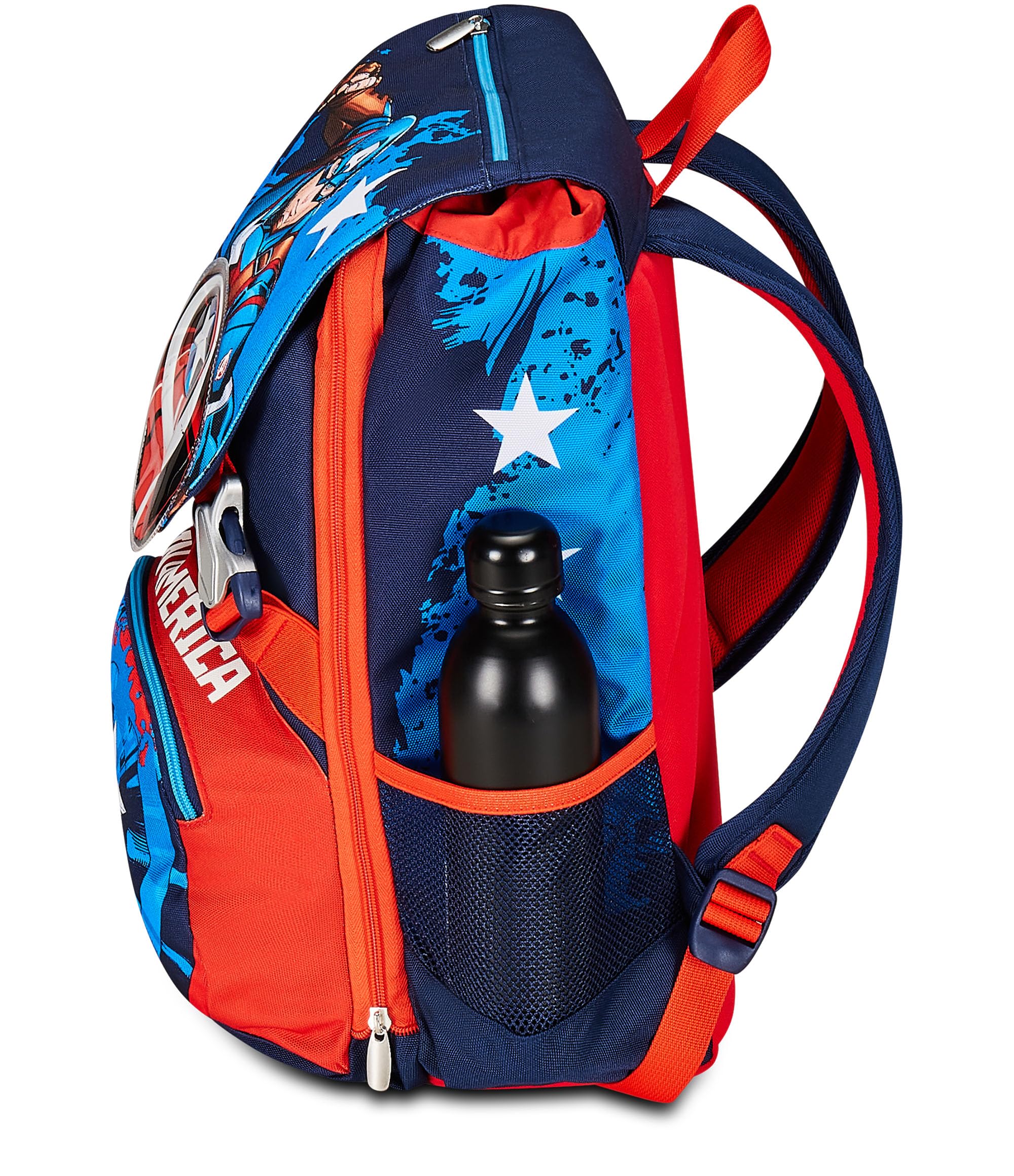 Seven Zaino Scuola Estensibile Disney - Captain America Legendary Avenger, Blu Rosso Bianco - Doppio Scomparto, Tasca Porta Borraccia - Bambino Marvel