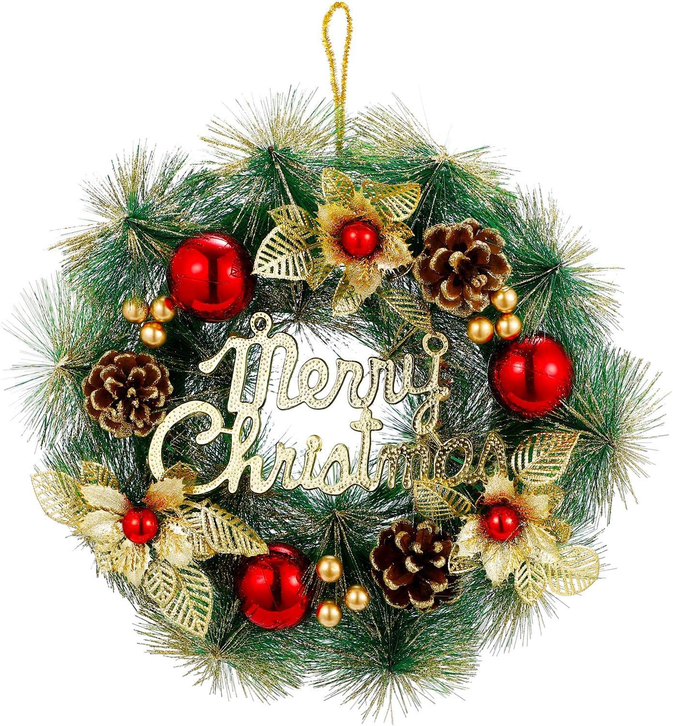 Ohuhu Christmas Wreath, Artificial Christmas Wreaths, Xmas Pine Wreath Garland, Wall Hanging with Gold Leaves, Red Balls, Pine Cones for Front Door Christmas Decorations