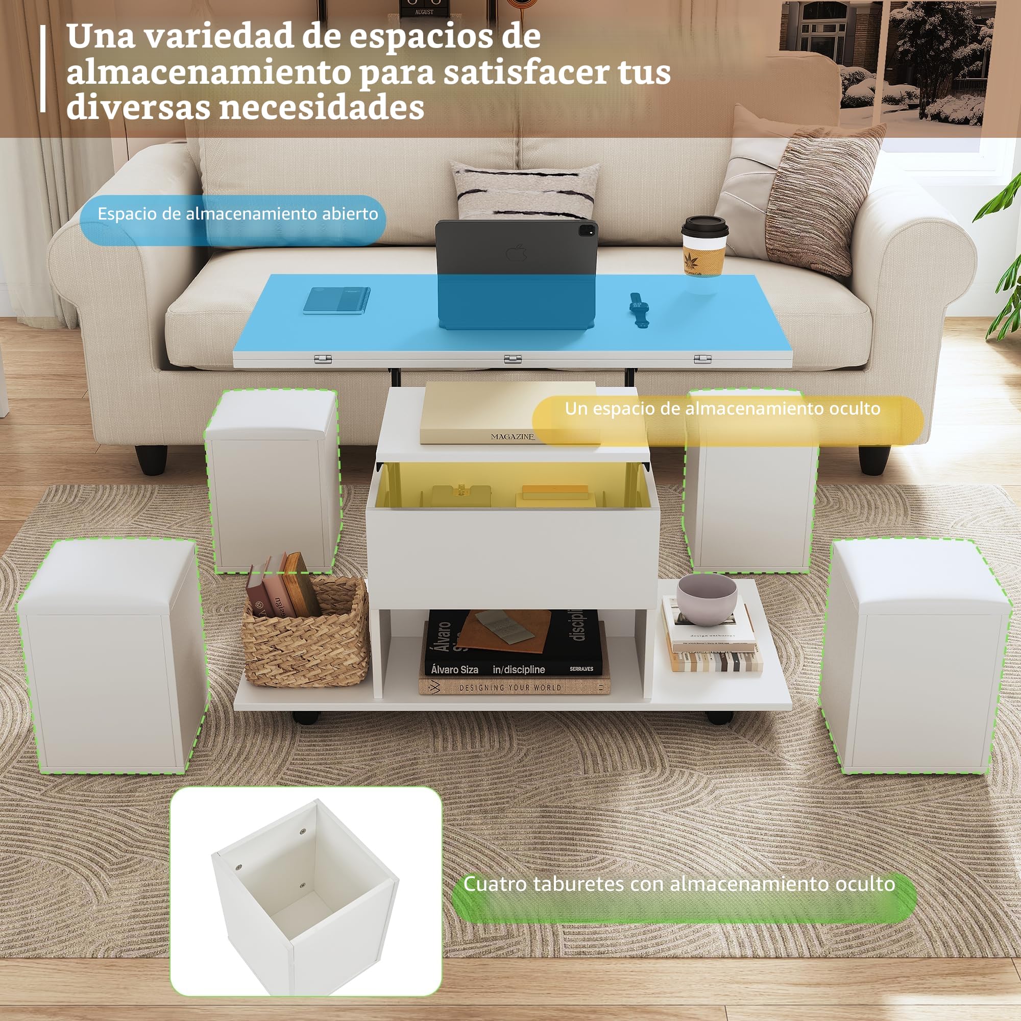 Mesa de centro multifuncional elevable: el escritorio puede abrir 2 mesas, color blanco, gran capacidad, muebles modernos de salón, oficina, mesa de comedor, 100 x 100 x 63,5 (largo x ancho x alto)