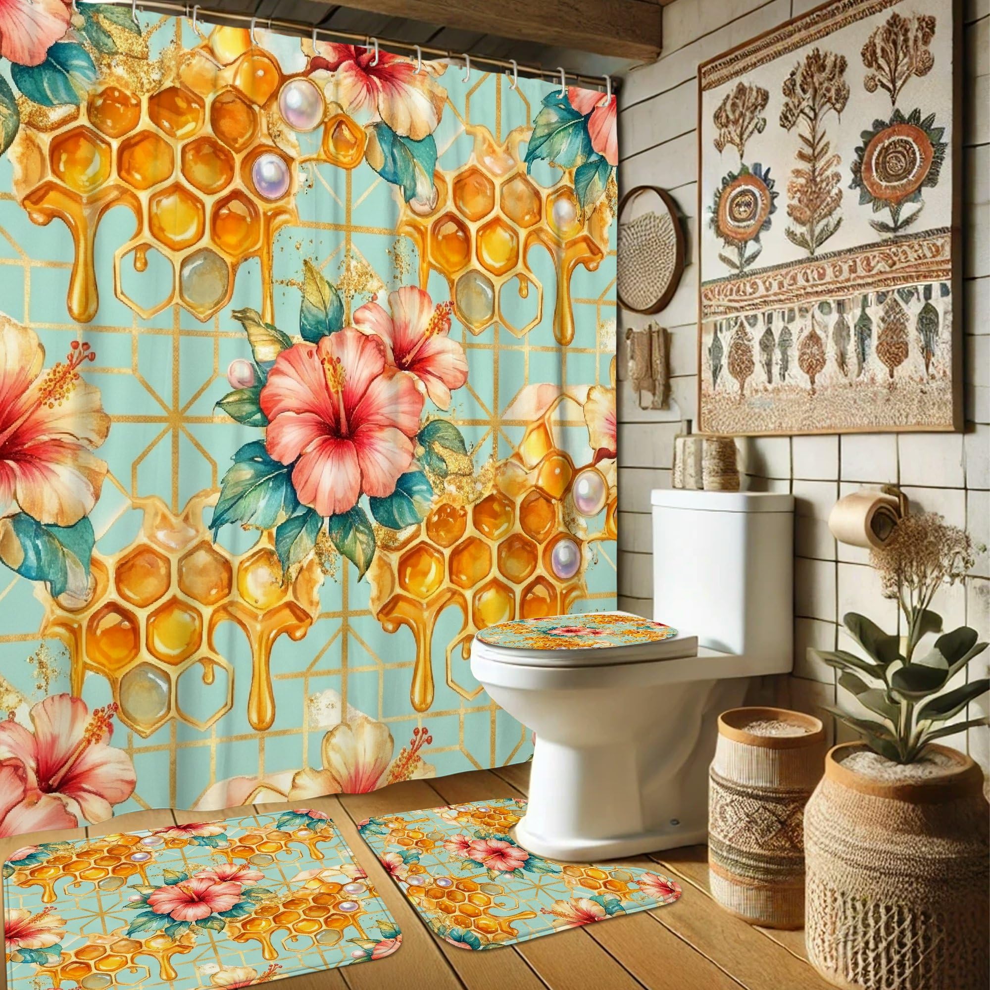 Rideaux de douche et tapis hibiscus turquoise 183x183 cm