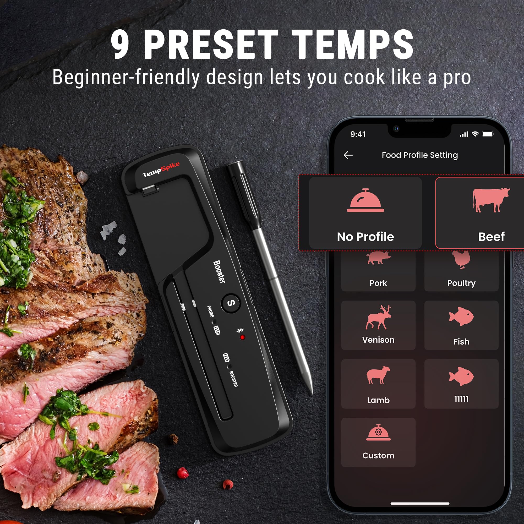 ThermoPro TempPro TempSpike bezprzewodowy termometr do mięsa, Bluetooth, IP67, miernik temperatury rdzenia, TP961, 150 m, do piekarnika, grilla, rożna, bezpieczny w zmywarce