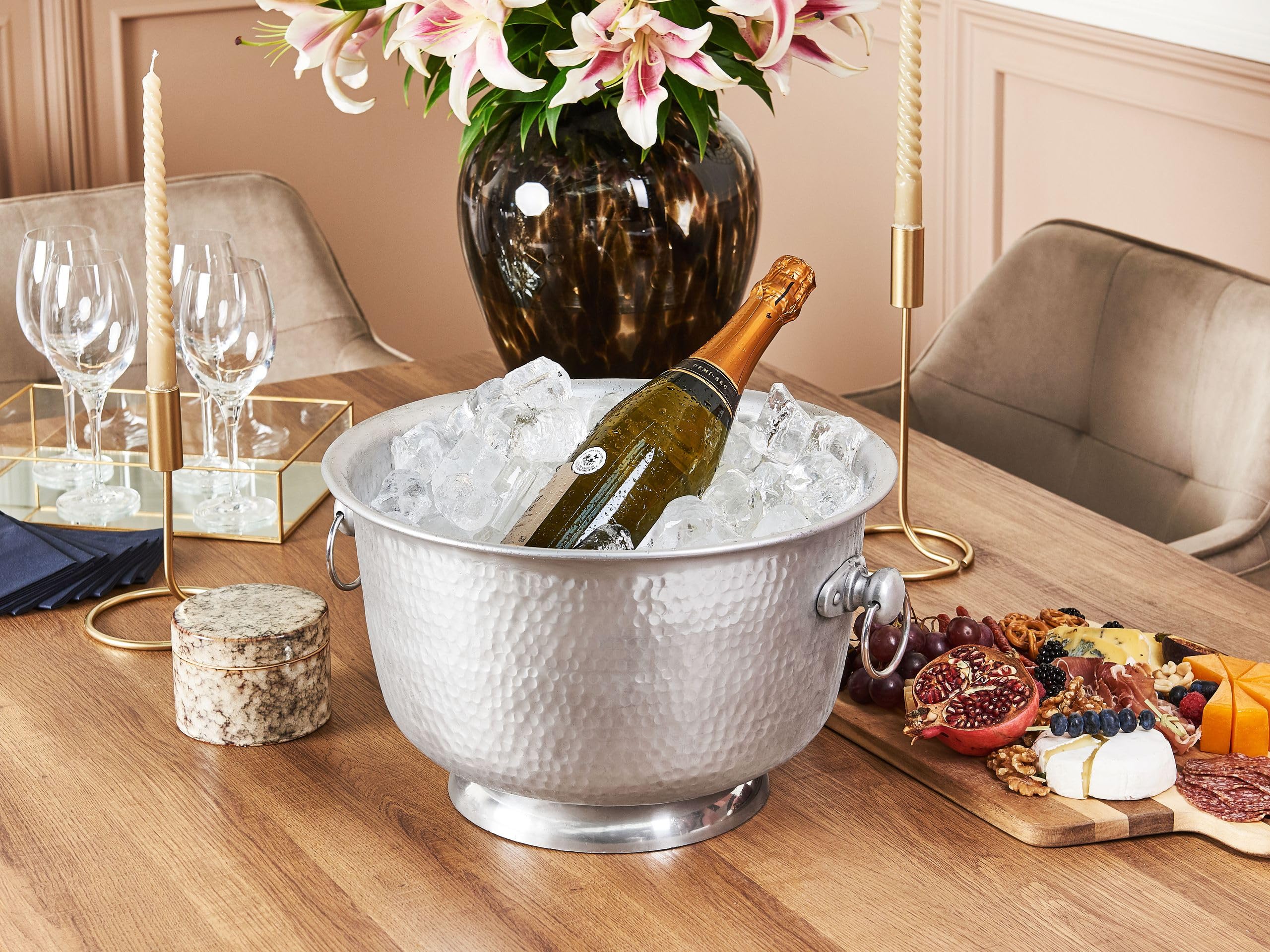 Seau Champagne pour Bouteilles en Métal Argent Glamour avec Poignées Pompéi