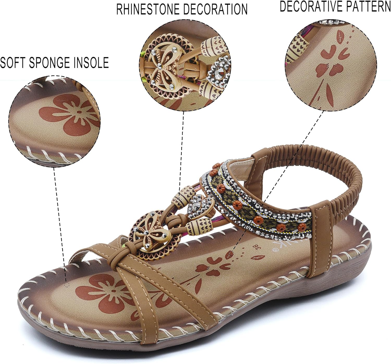 Sandals Women Comfort Dressy Womens Flat Sandals Non Slip On Bohemian Summer Beach Shoes With Elastic Ankle Strap Brown Green - Image 3
