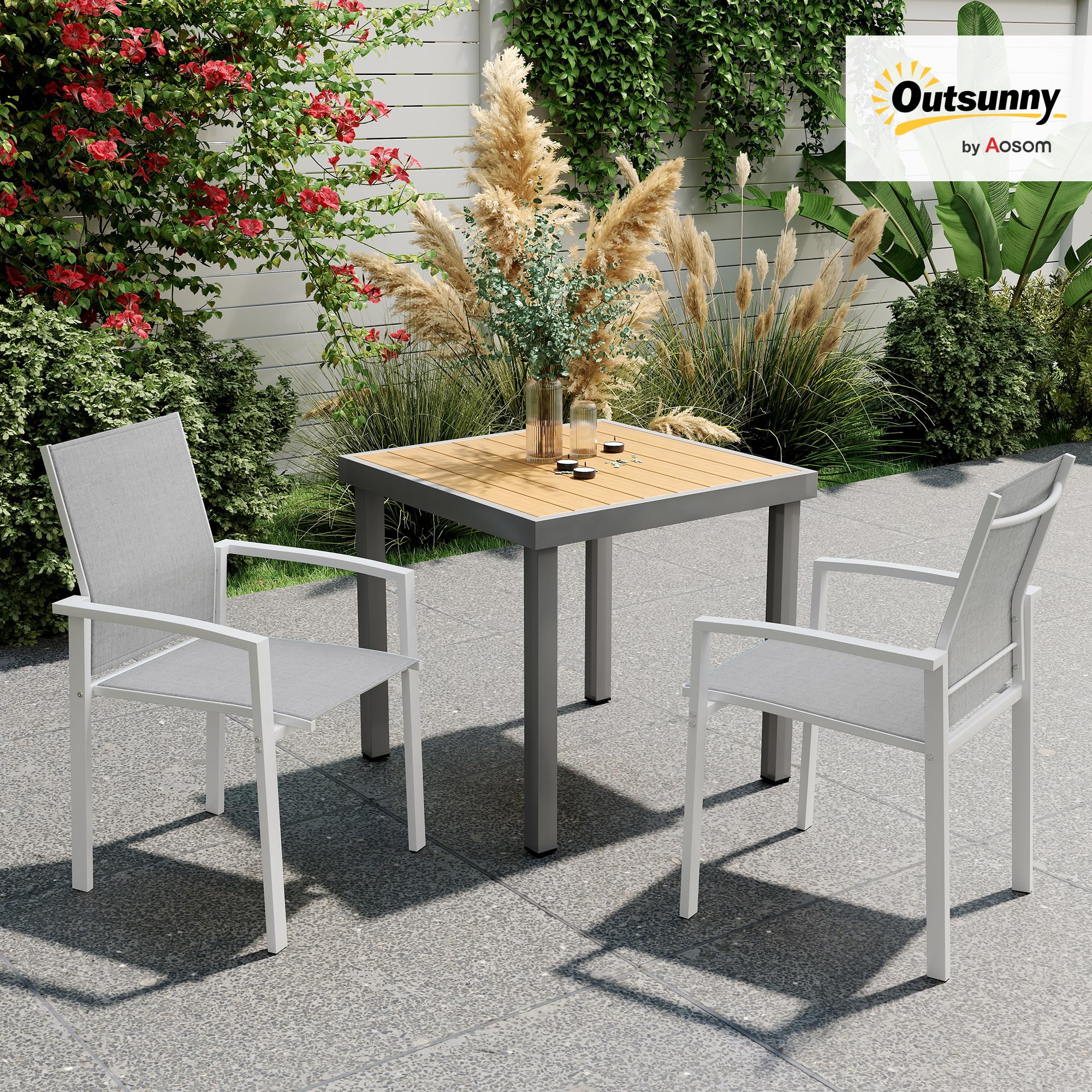Outsunny Juego de 2 Sillas de Jardín Exterior Sillas Terraza Exterior Apilables Sillones de Comedor con Tela Transpirable Marco de Acero Reposabrazos y Respaldo 56x58x89 cm Gris Claro