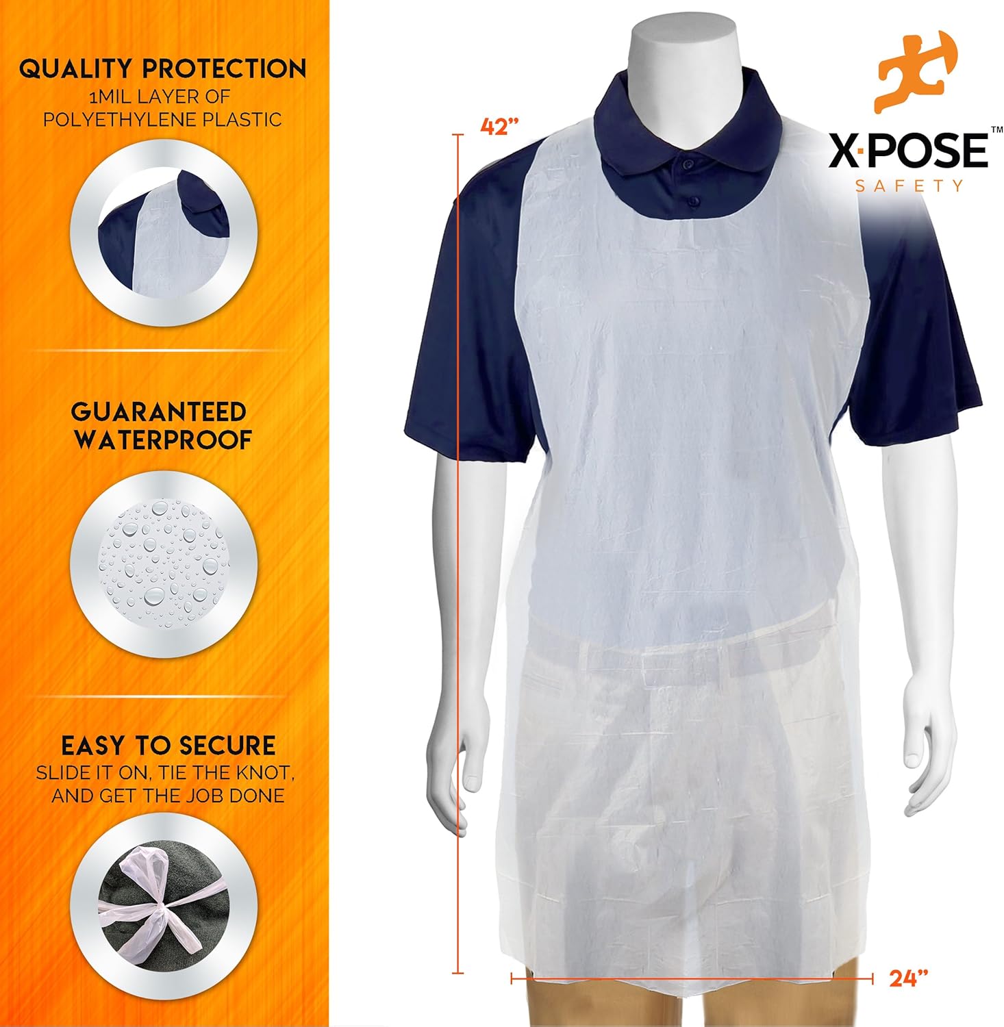 Xpose Safety 300 White Plastic Disposable Aprons for Cooking & more Individually Packaged, Durable 1 Mil Waterproof Polyethylene 24" x 48"