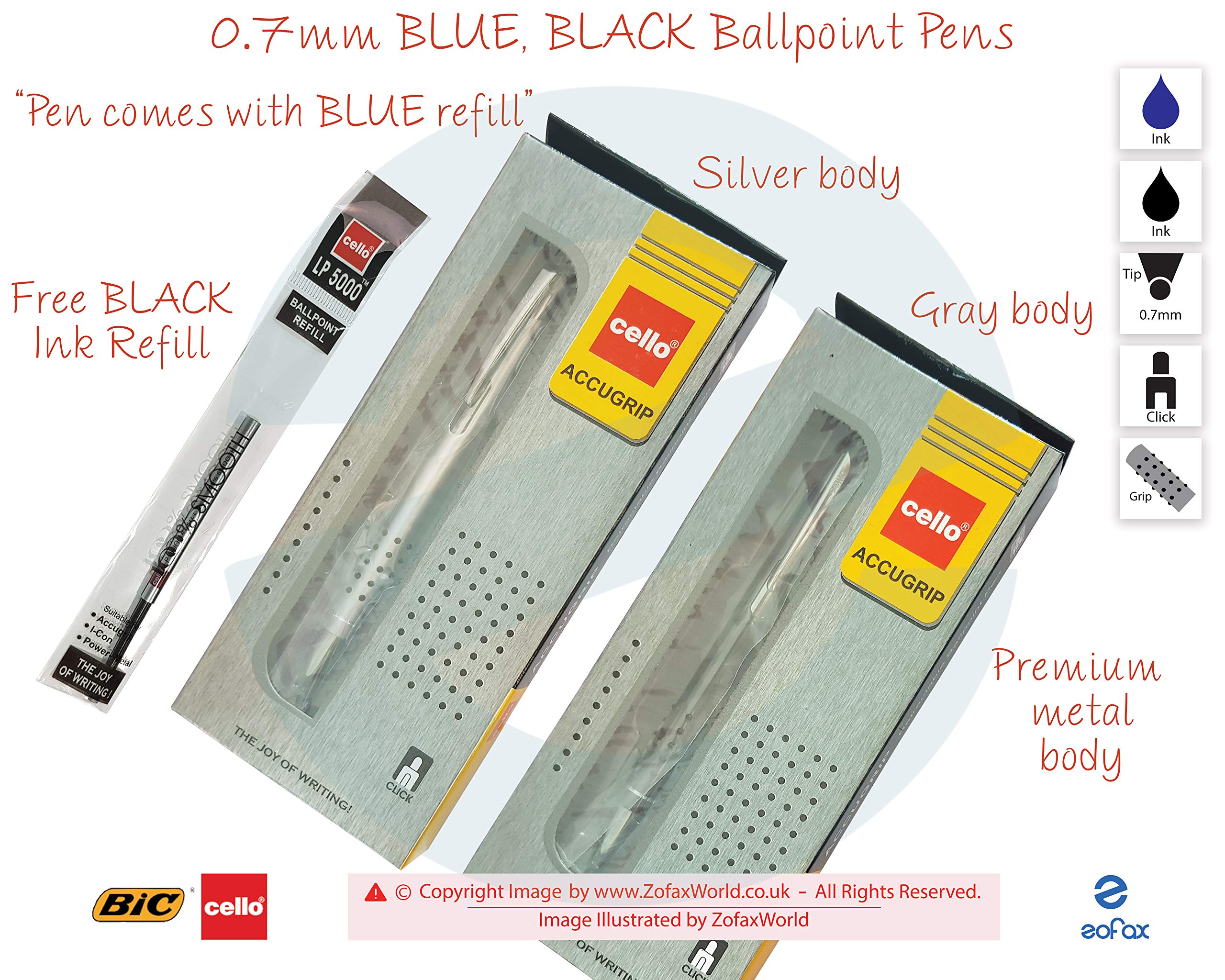 2 x 0.7mm Tip BIC CELLO Accugrip BLACK BLUE Retractable Ballpoint Pen Metal Body