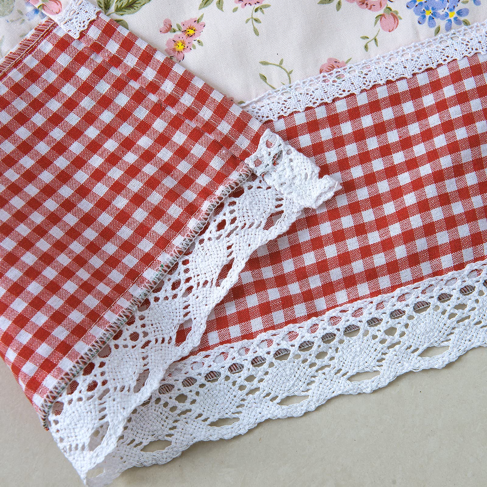 Dreamskull - Tendina da cucina, stile rustico, corta, opaca, con asta, con fiori, pizzo e quadretti, larghezza 150 cm