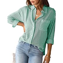 Wanzetaly Women's Striped Button Down Long Sleeve Collared Shirt Work Blouses Tops with Pocket