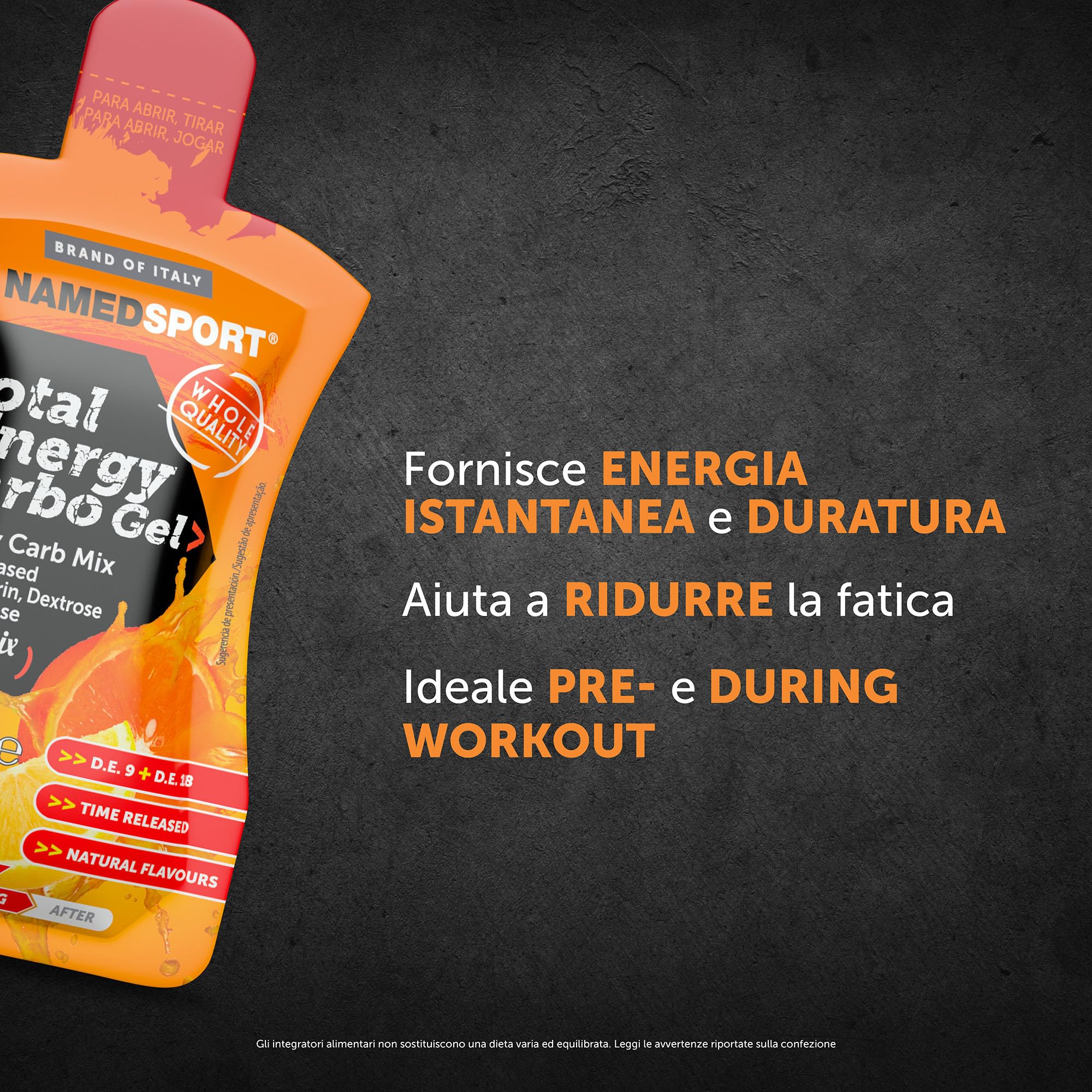 NAMEDSPORT Total Energy Strong Gel | Gel Energetico con Caffeina, Taurina e Guaranà | Sport di Endurance (Ciclismo, Running, Triathlon) | Vegano e Senza Glutine | Gusto Agrumi 24 x 40 ml