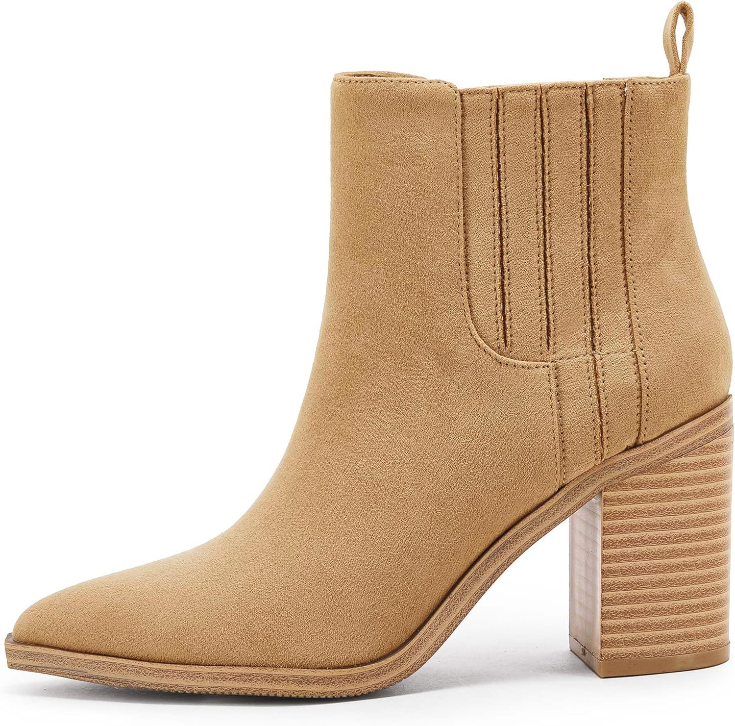 Womens Ankle Boots Slip on Pointed Toe Chunky Block Mid Heel Leather Elastic Panel Casual Chelsea Western Booties - Image 3