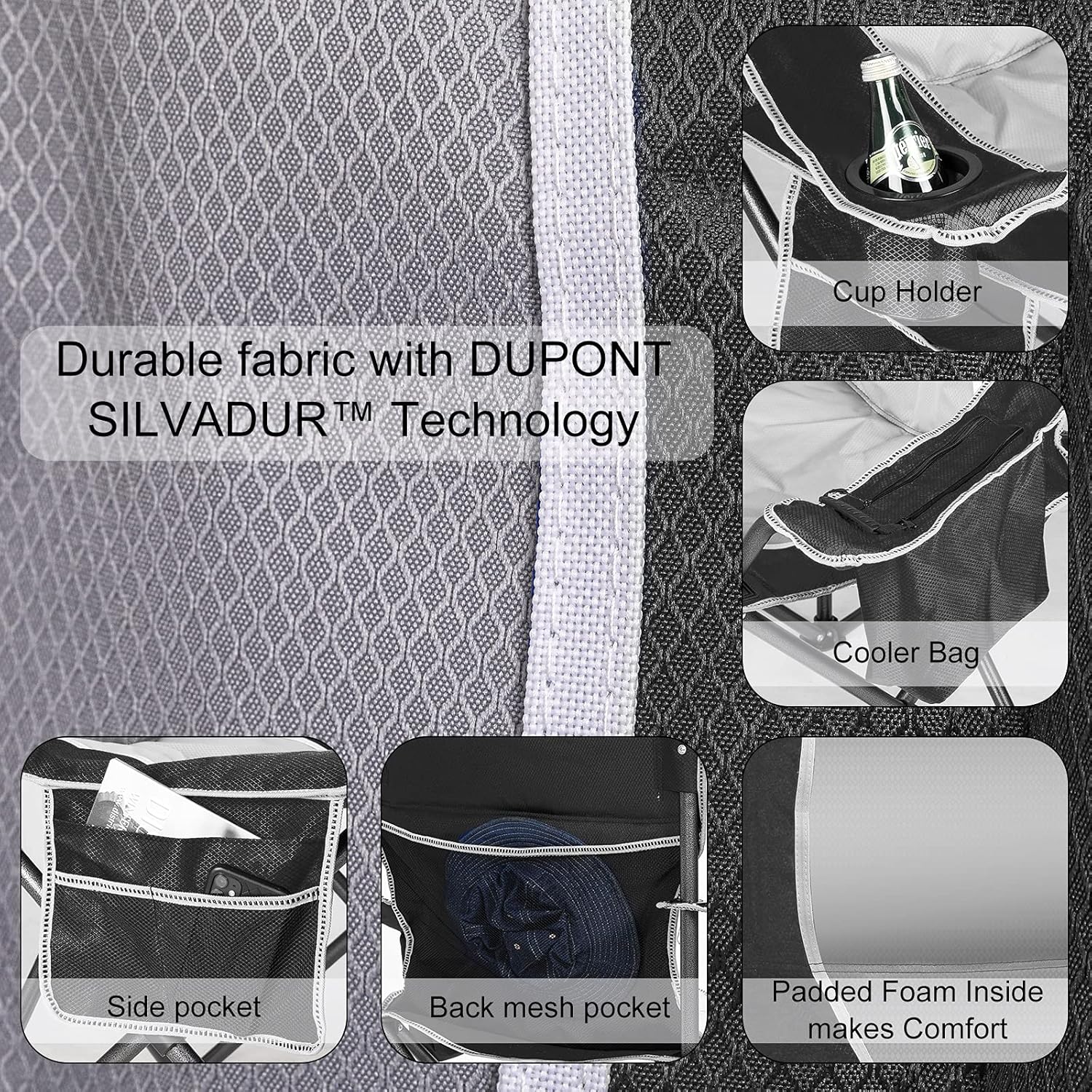 Padded Camping Chairs for Adults, 1 Pack Oversized Folding Outdoor Chairs, Weight Capacity 475lbs, with Cooler Bag, Cup Holder, Storage Pocket, Carry Bag - Black - Image 4