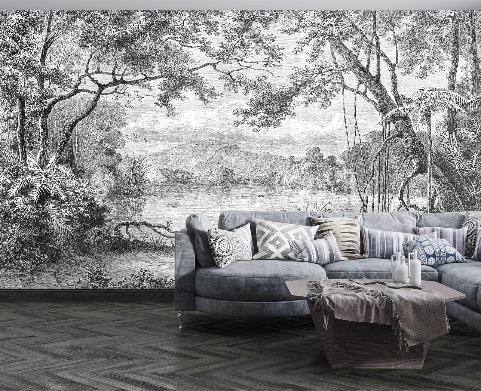 Papel Pintado Pared 3D Papel Tapiz 250X175（Ancho X Altura） Blanco Y Negro Jungle Fotomurales 3D Tv Fondo Pared Dormitorio Murales Papel Tapiz Moderno
