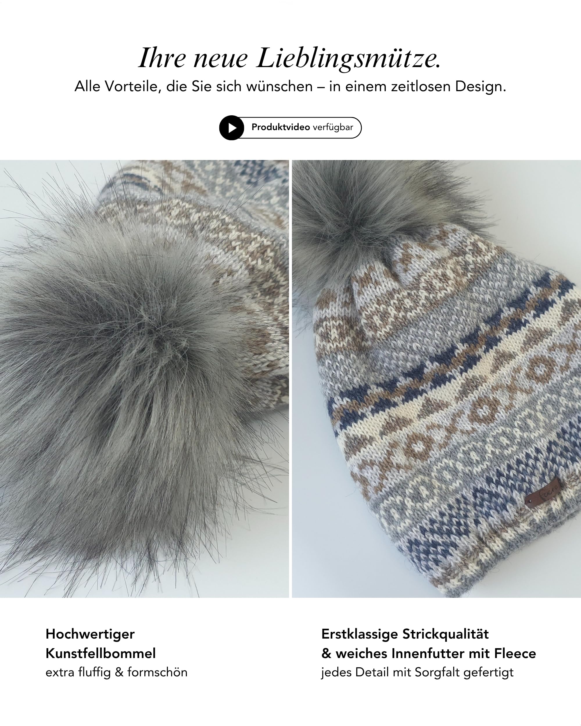 Baesics Czapka zimowa ze wzorem dla kobiet i mężczyzn – wyściełana czapka z pomponem ze sztucznego futra, czapka z dzianiny w stylu beanie, wyprodukowana w UE, jeden rozmiar, ciepła i elastyczna z