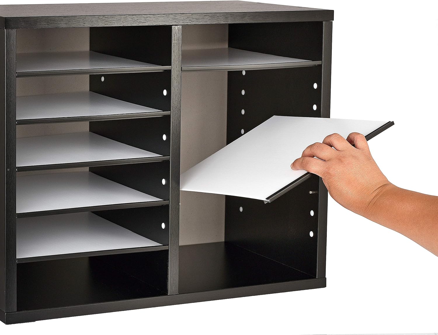 Adir Wooden Literature Organizer Sorter - Stackable File Mail Craft Paper Storage Holder with Removable Shelves for Office, Classrooms, and Mailrooms Organization (12 Compartment, Black) : Office Products