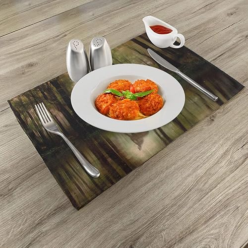 Miniatura 2 de Ambesonne Nature - Juego de 4 manteles individuales de tela lavable para mesa de comedor, tamaño estándar, diseño de ciervos en el bosque con
