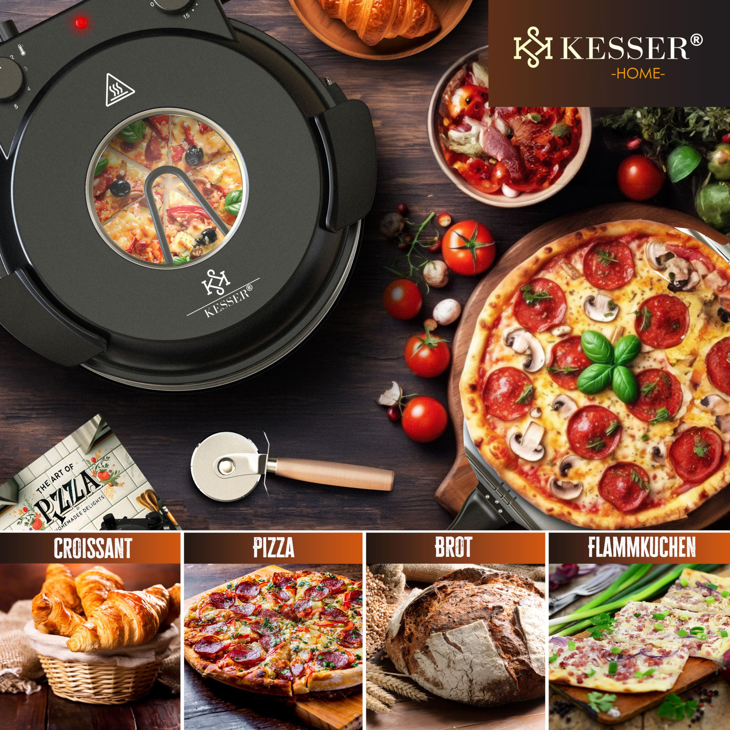 KESSER Four à pizza électrique jusqu'à 400 degrés, 1200 W, avec plaque en pierre ignifuge et minuterie de 32 cm de diamètre, 5 niveaux de chaleur et fenêtre.