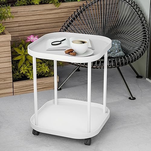 Miniatura 20 de Mesa auxiliar con ruedas, mesa auxiliar para sala de estar, sofá móvil de plástico, mesita de noche pequeña, dormitorio, color blanco (paquete de 2)