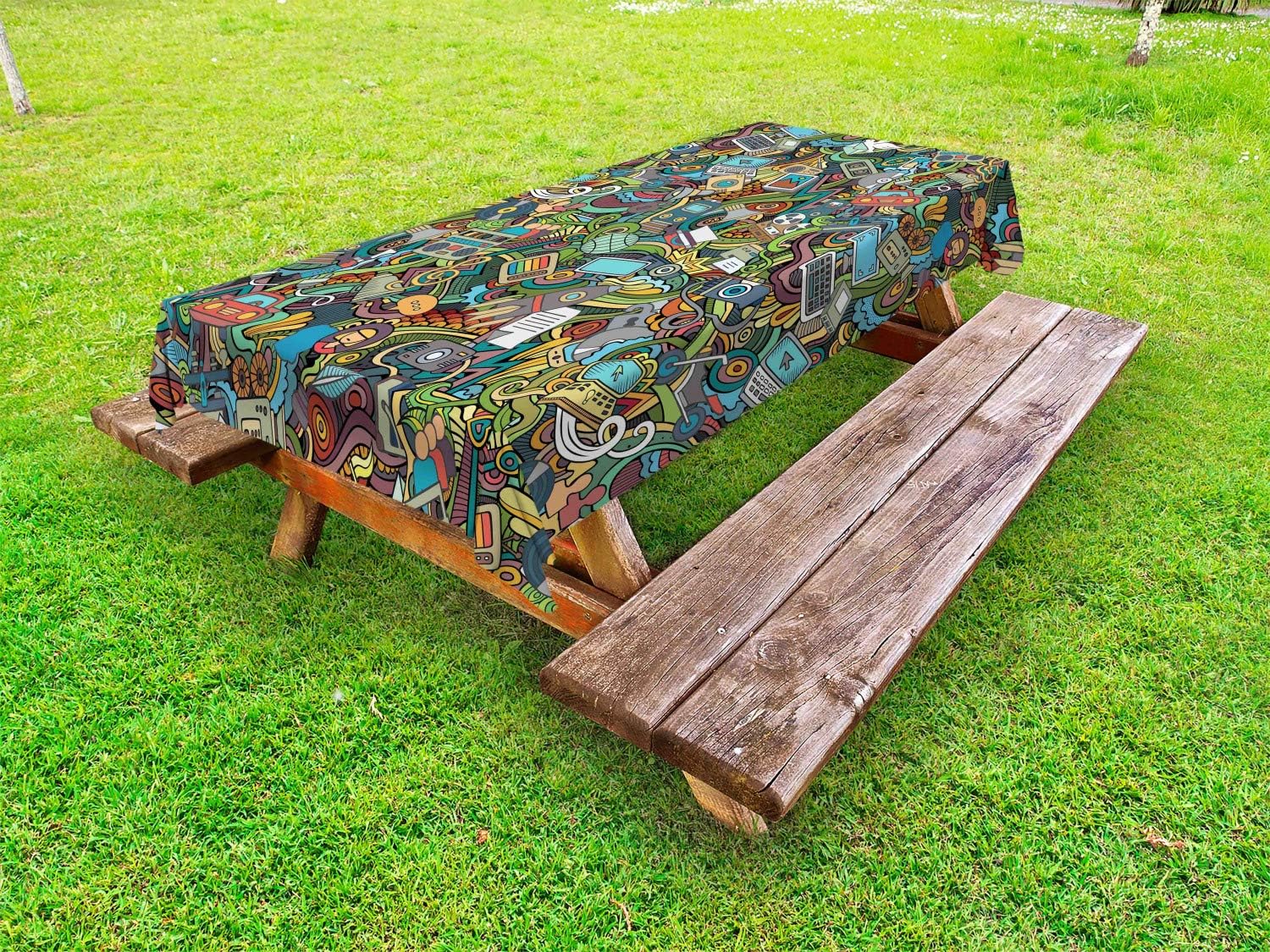 ABAKUHAUS Hipster Outdoor Tablecloth, Social MediDevices, Decorative Washable Picnic Table Cloth, 58" X 120", Multicolor