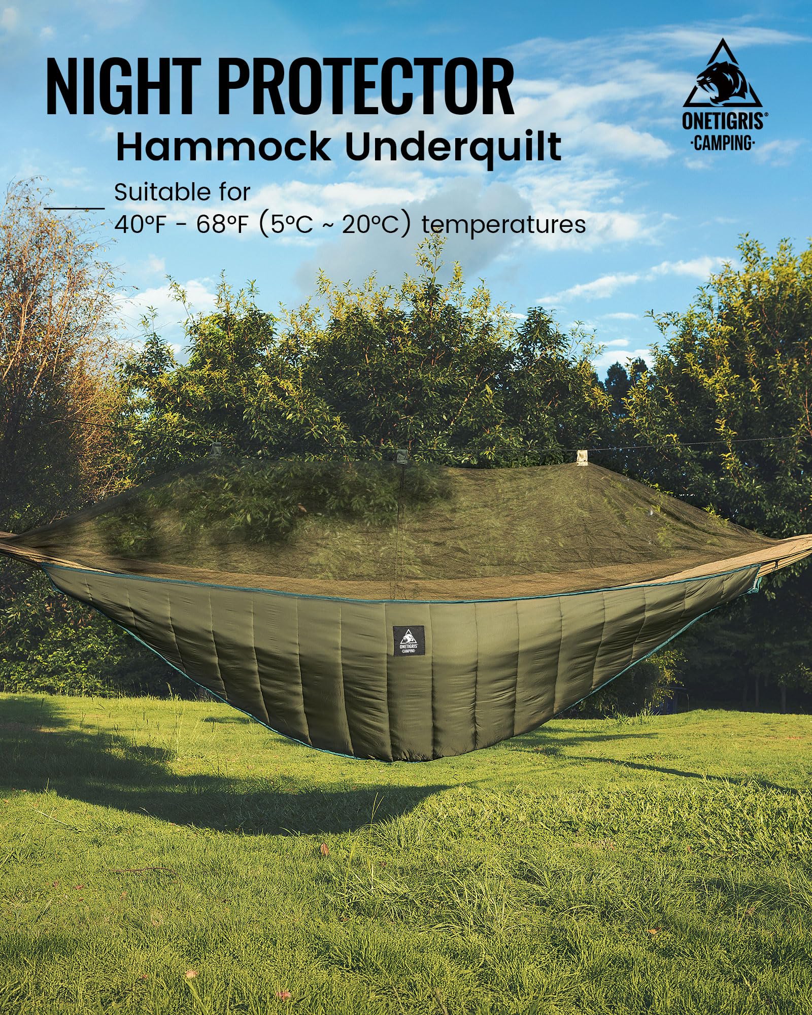 OneTigris, edredón para hamaca, ligero, diseño de longitud completa, hamaca para acampar, senderismo, excursionismo., Unisex, Hammock Underblanket, OD Green - 2-3 Season