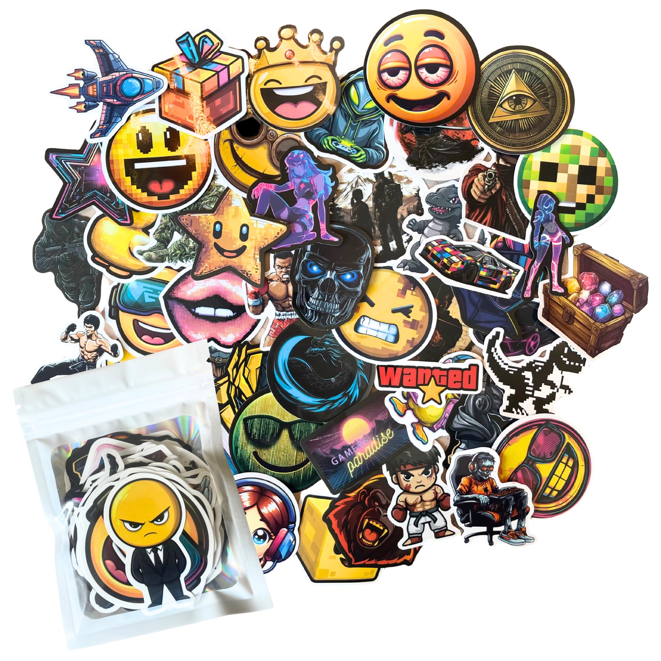 HNTR® Skateboard Stickers Aesthetic | 50 Cool Stickers with Neon, Smiley Faces & Retro Designs | Signature Scrapbook Sticker Pack for Adults & Boys